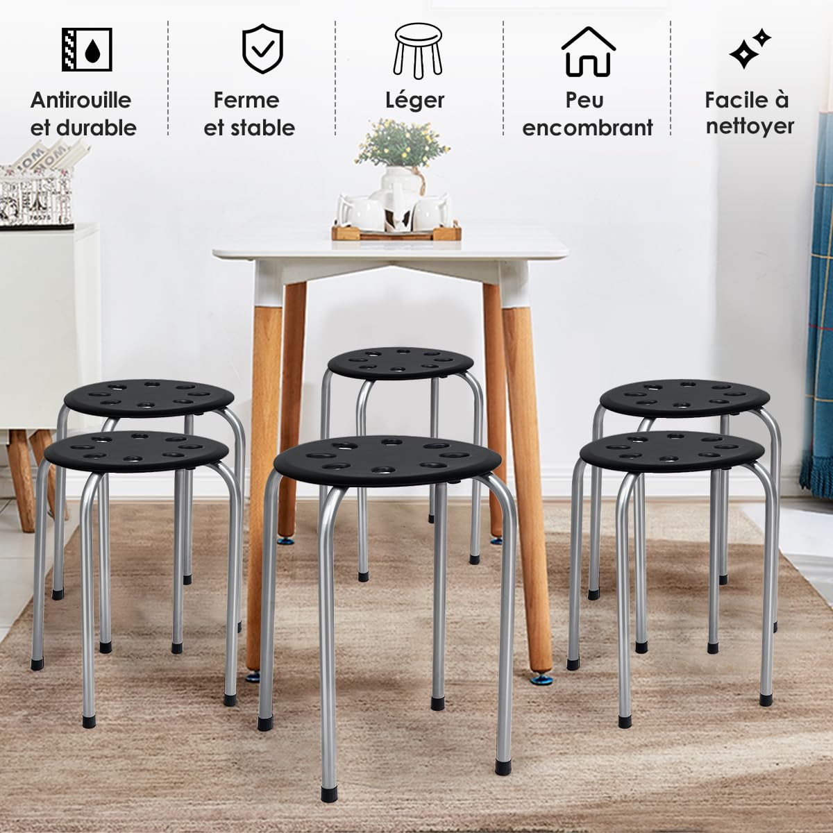 GOPLUS Lot de 6 Tabourets Empilables, Tabourets Légers sans Dossier avec Cadre en Métal Et Siège en Plastique, Tabourets Ronds Polyvalents, Noir/Couleurs Assorties/Noir + Gris (Gris Foncé)