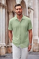 Vista 32 de COOFANDY Camisa casual con botones para hombre, manga corta, sin arrugas, camisa de verano