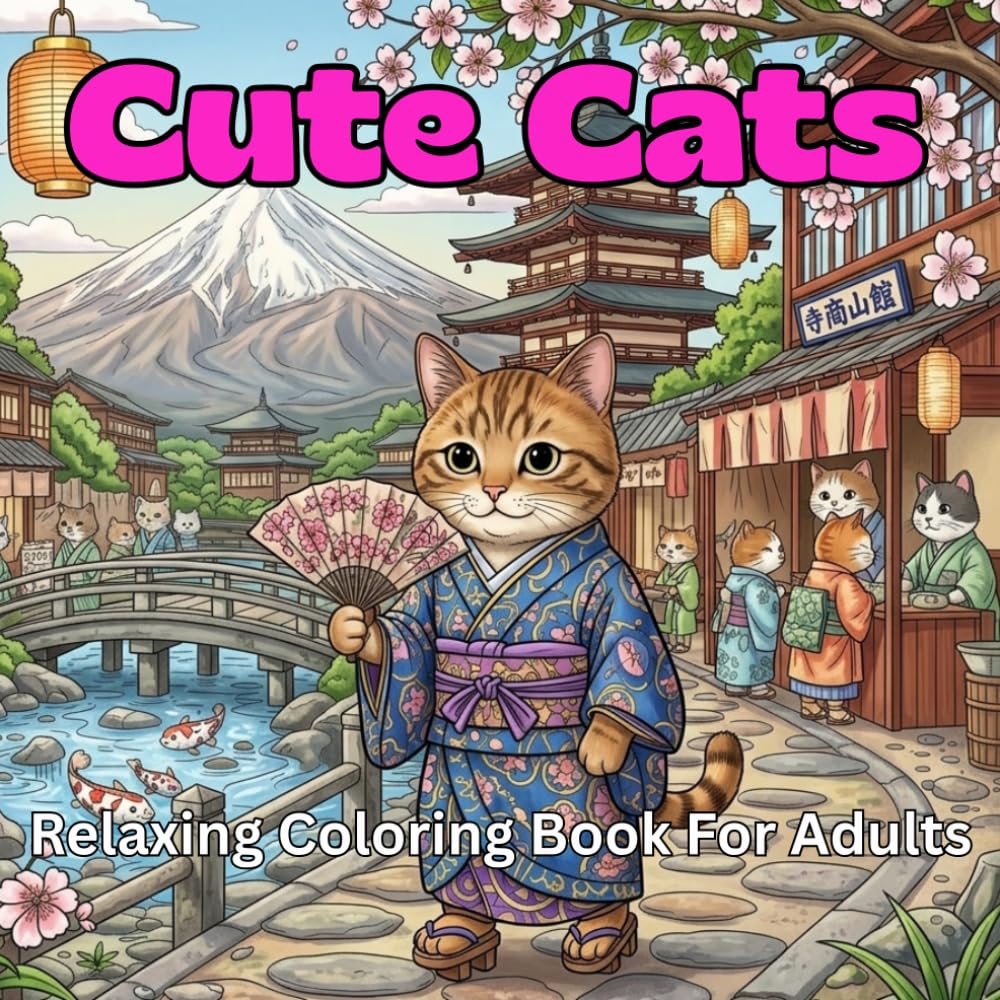 Cute Cats Relaxing Coloring Book For Adults: Funny Cats Traveling The World