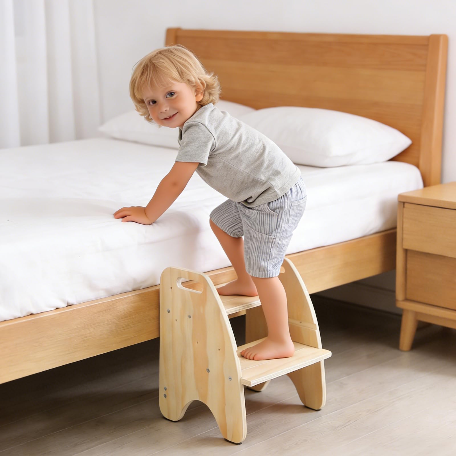 comfoyar Tritthocker Kinder Holz, 2 Stufenhocker für Kinder mit Griff und Rutschschutzkissen, Cabrio Stuhl mit Rückenlehne, Höhenverstellbar Töpfchentraining Hocker für Badezimmer Schlafzimmer Küche