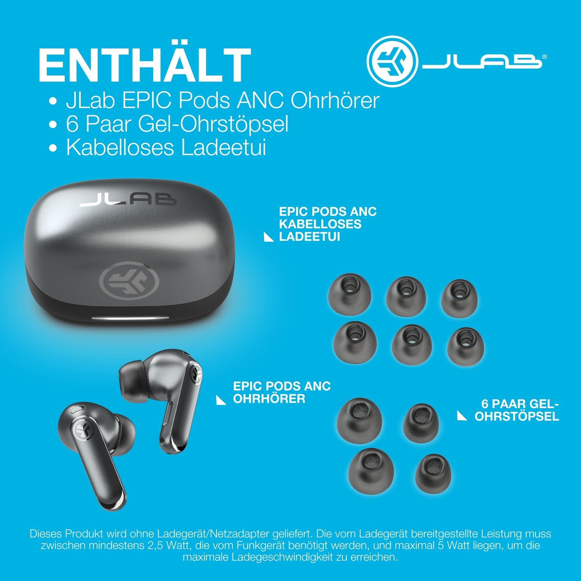 JLab Epic Pods ANC In-Ear Kopfhörer Bluetooth Noise Cancelling, Schwarz | Kabellose Earbuds 60+ Std., Adaptive-Geräuschunterdrückung, Dual-Treiber Hi-Res Audio, Multipoint, IP55, Klare Anrufe