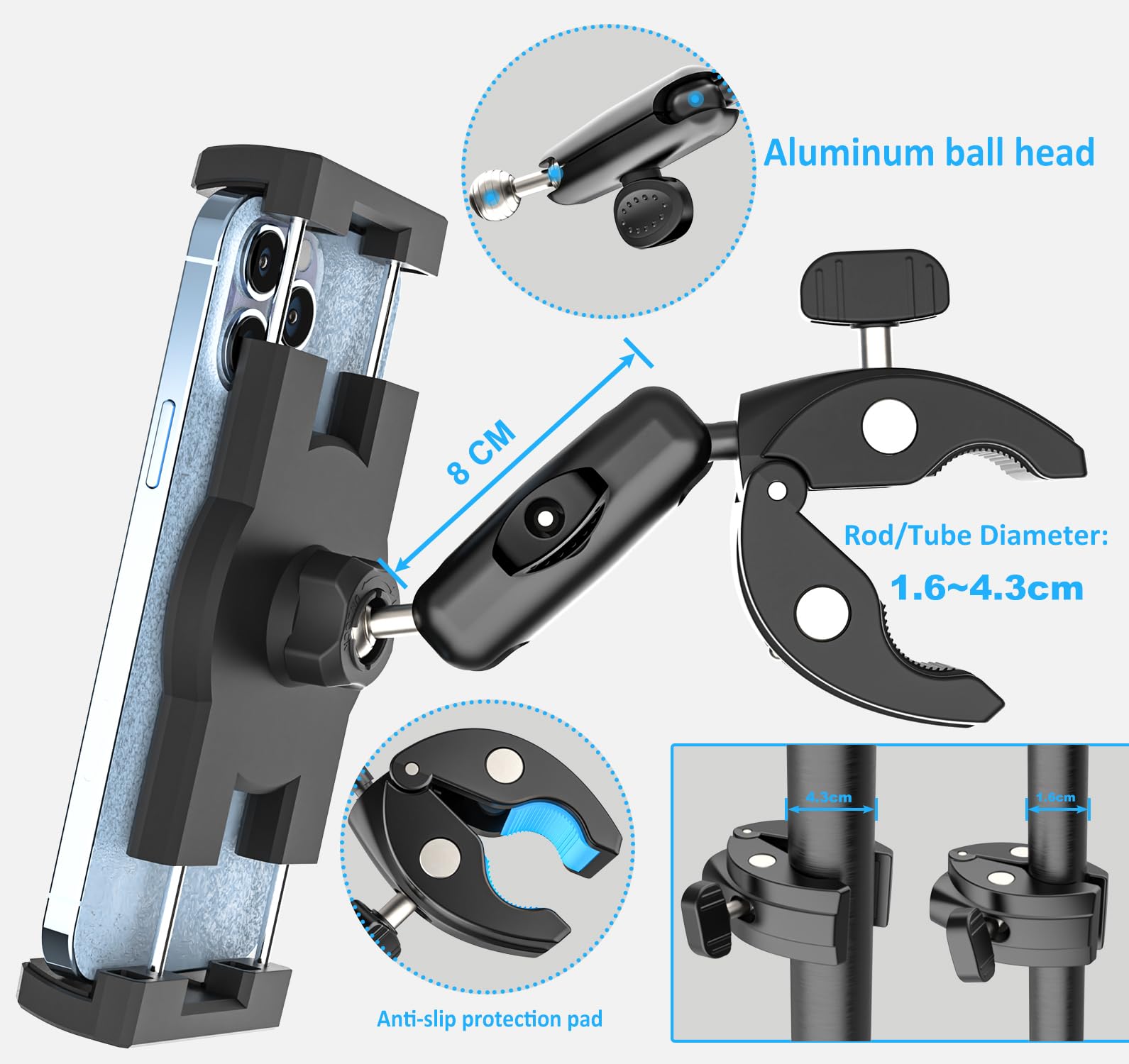 Supporto Tablet Barca Metallo Robusto, Supporto iPad Barca a Vela Yacht con Braccio in Alluminio, Palo Barra Tubo Manubrio Morsetto Bicicletta per Tablet e Telefono, 4-13" (Con Cinghia Anticaduta)