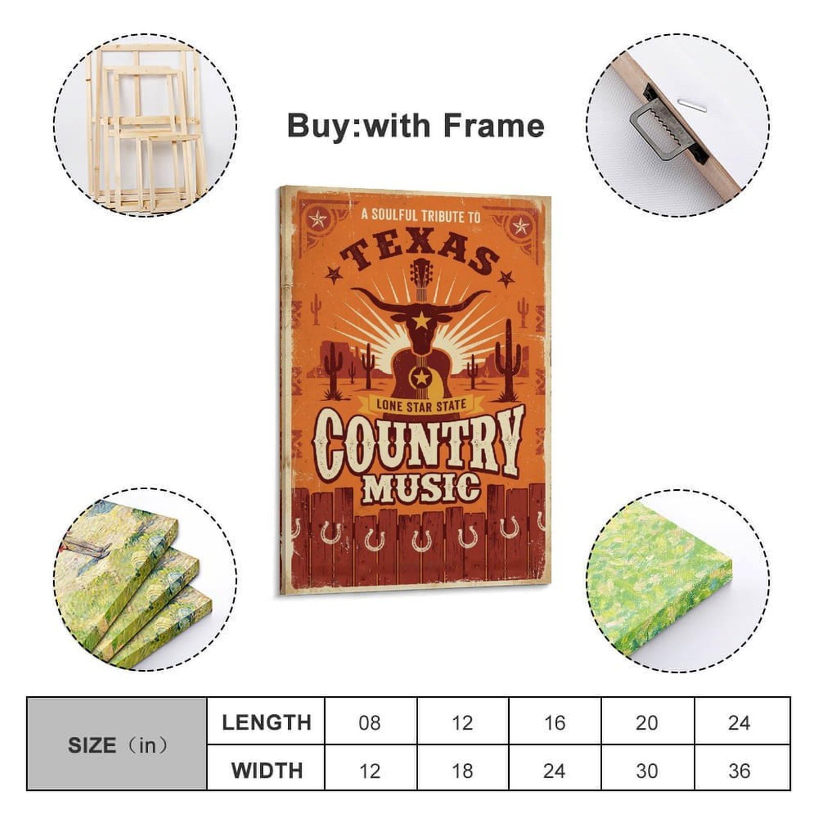 OKNGB Poster decorativo da parete in stile retrò, motivo chitarra western texas, musica country, poster decorativo su tela, poster decorativo moderno per camera da letto, 40 x 60 cm