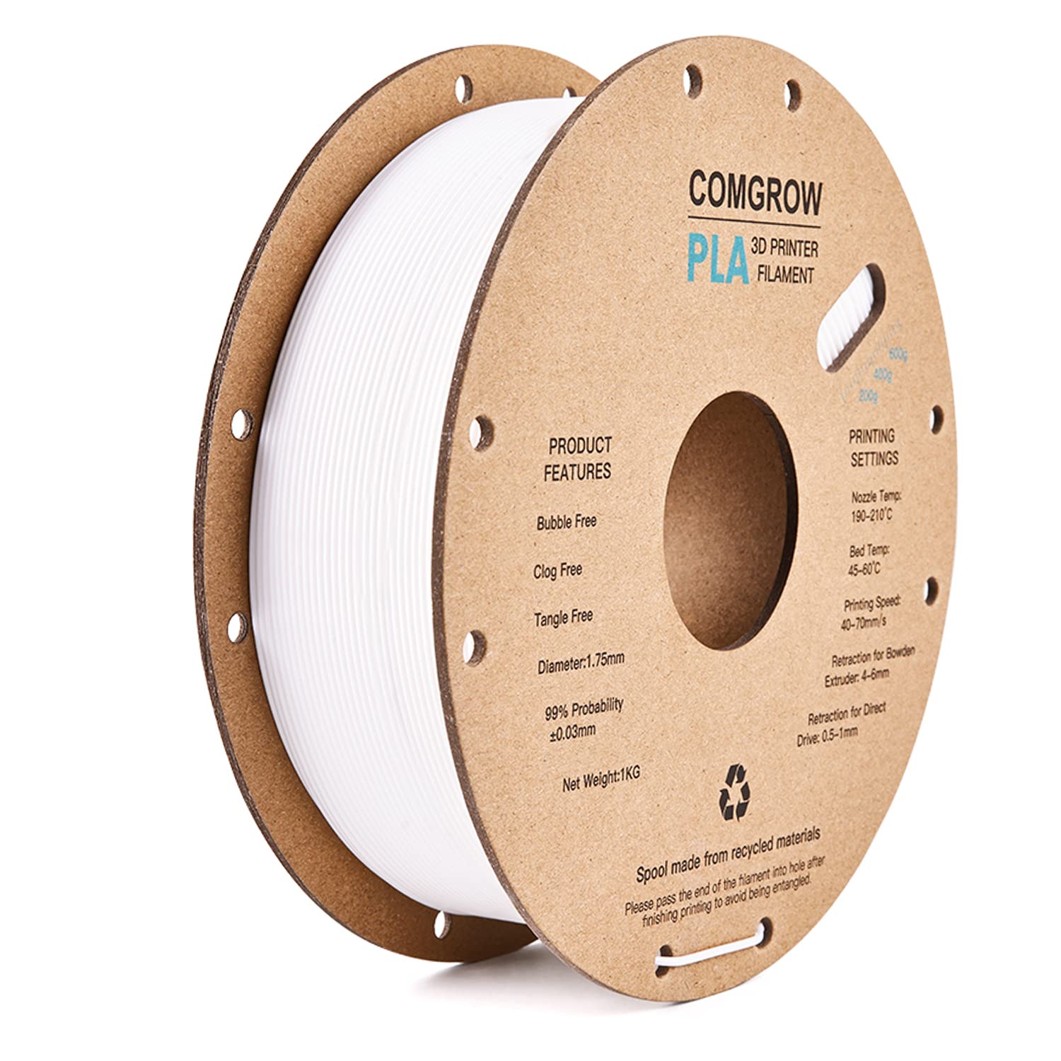 PLA 3D Printer Filament, 3D Printer PLA Filament 1.75mm, Dimensional Accuracy +/- 0.02 mm, 1KG Spool PLA White