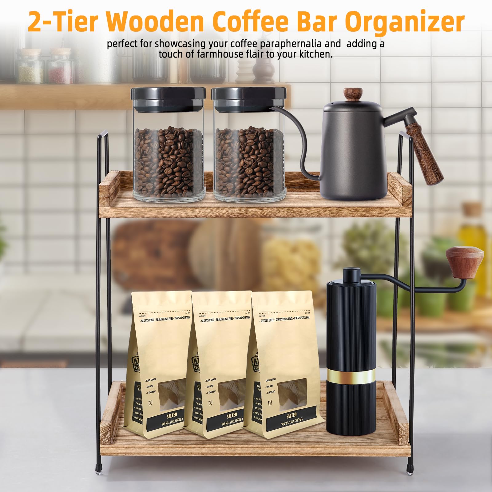 Scaffale Portaoggetti a 2 Ripiani per Caffè e Accessori Bar in Legno - Organizer per Cucina, Casa, Ufficio
