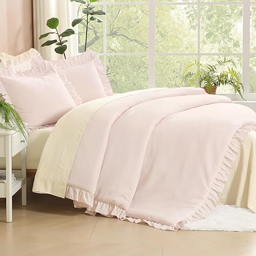 Miniatura 112 de Litanika Juego de edredón Queen de 3 piezas, color rosa rubor, para niñas y mujeres, con volantes, lindos edredones y juegos de ropa de cama, 02