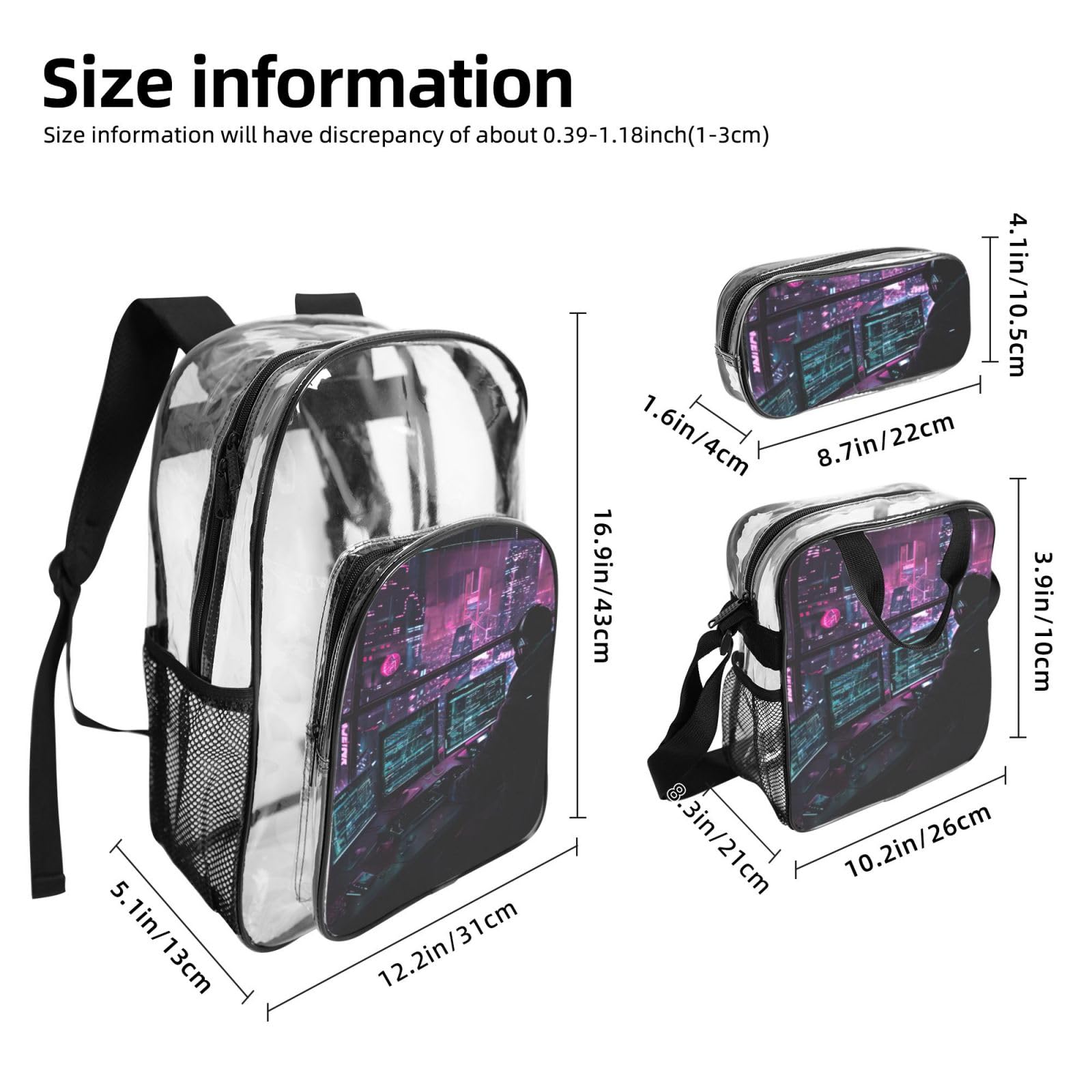Hacker Era Print 3-teiliges transparentes Rucksack-Set für Reisen, Outdoor-Abenteuer, Urlaub, transparente Tasche