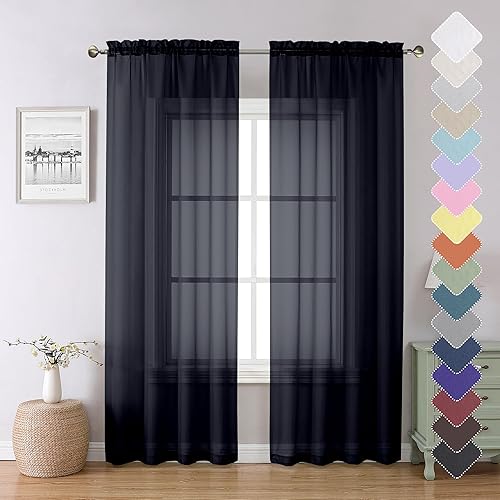 Lecloud Black Sheer Curtains 84 Inches Long 2 Panels, Solid Voile Light Filtering Airy Window Treatments for Living Room Bedroom, Lightweight Breathable Drapes with Dual Rod Pocket, 40" W x 84" L