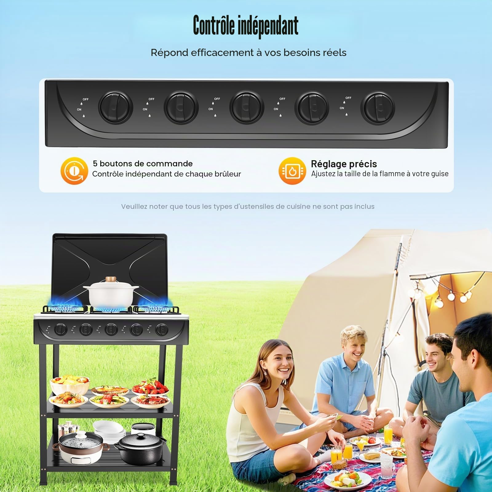 Réchaud à gaz, 5 brûleurs au propane, réchaud à gaz avec protection à l'allumage, réchaud de camping avec support de jambe et couverture pare-vent pour camping-car, appartement, cuisine en plein air
