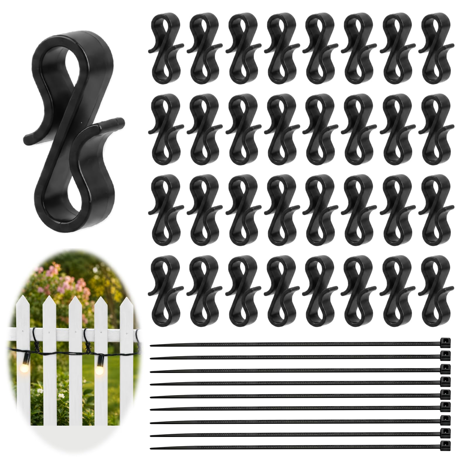 Plastic Gutter Hooks for Outdoor Lights, 60 Pcs S Gutter Clips 20 Zip Ties for Hanging Outside String Lights Fairy Lights Home Party Decor Wedding Roof Decorations Christmas Tree Decorations Black