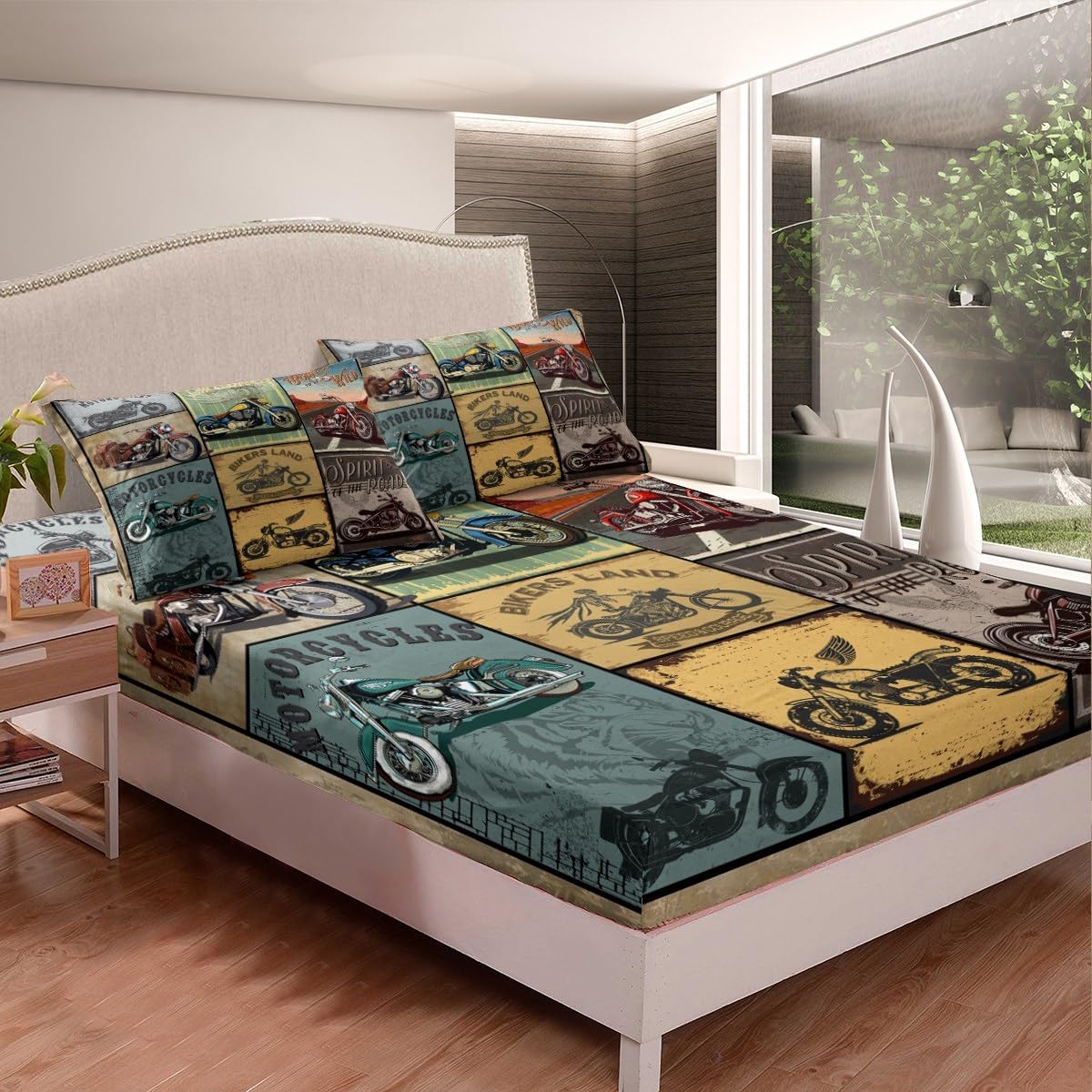 Motorcycle Fitted Sheet Kids Retro Motorcycles Deep Pocket Fitted Sheet for Boys Girls Teens Vintage Style Old School Bed Sheet Set Extreme Sports Bedding Set Room Decor Bed Cover Queen Size