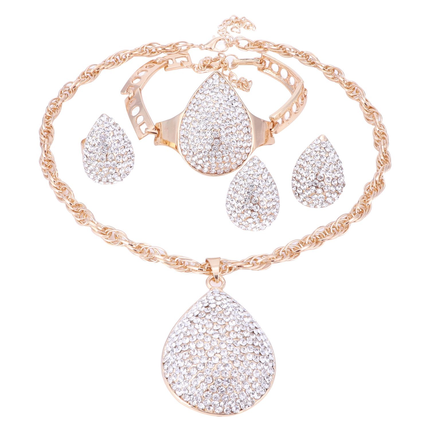OUHE Full Crystal Bridal Water Drop Gold Plated Earring Necklace Wedding Engagement Jewelry Sets (gold)