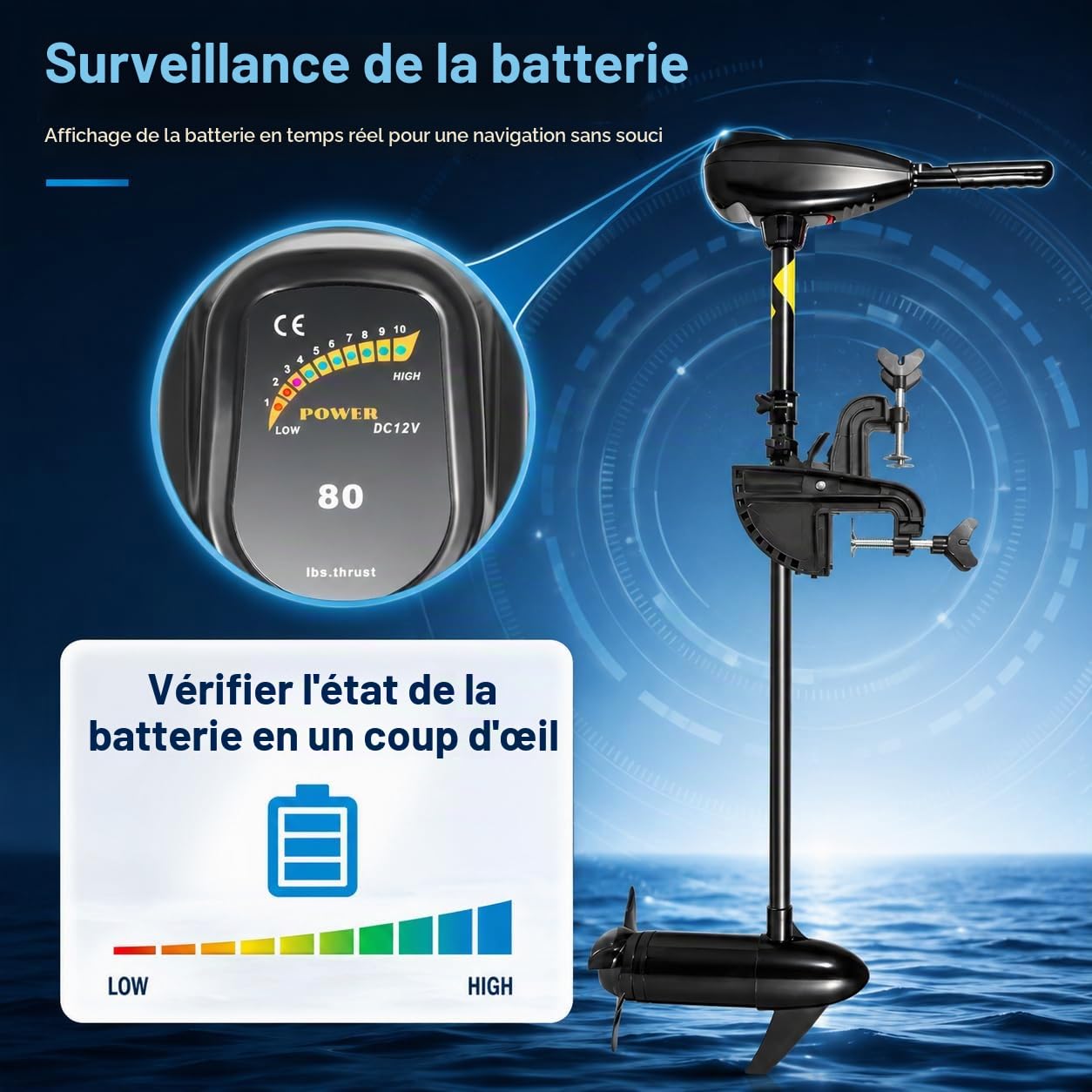 Moteur hors-bord électrique Frederimo de 55LBS, moteur 800W 12V pour bateau de pêche et bateau pneumatique