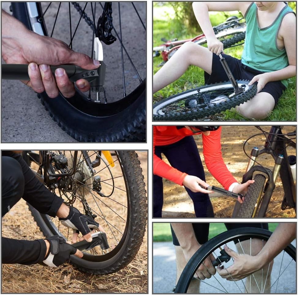 WOTOW Mini Double Inlet Bike Pump, Portable on Bike Pump Fit Presta and Schrader Bike with Repair Kit, Metal Rasp, Tire Pry Bars, Glueless Tyre Patches for Frame Mounted Road Mountain BMX Bike (Grey) : Sports & Outdoors