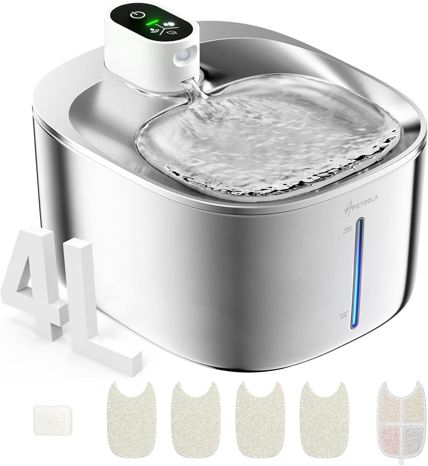 Fontana per Gatti Senza Fili con Rilevatore di Movimento, APETDOLA 4L Fontanella in Acciaio Inossidabile Cordless con Batteria 4000 mAh, Fontana Ultra Silenziosa per Gatti FS10pro