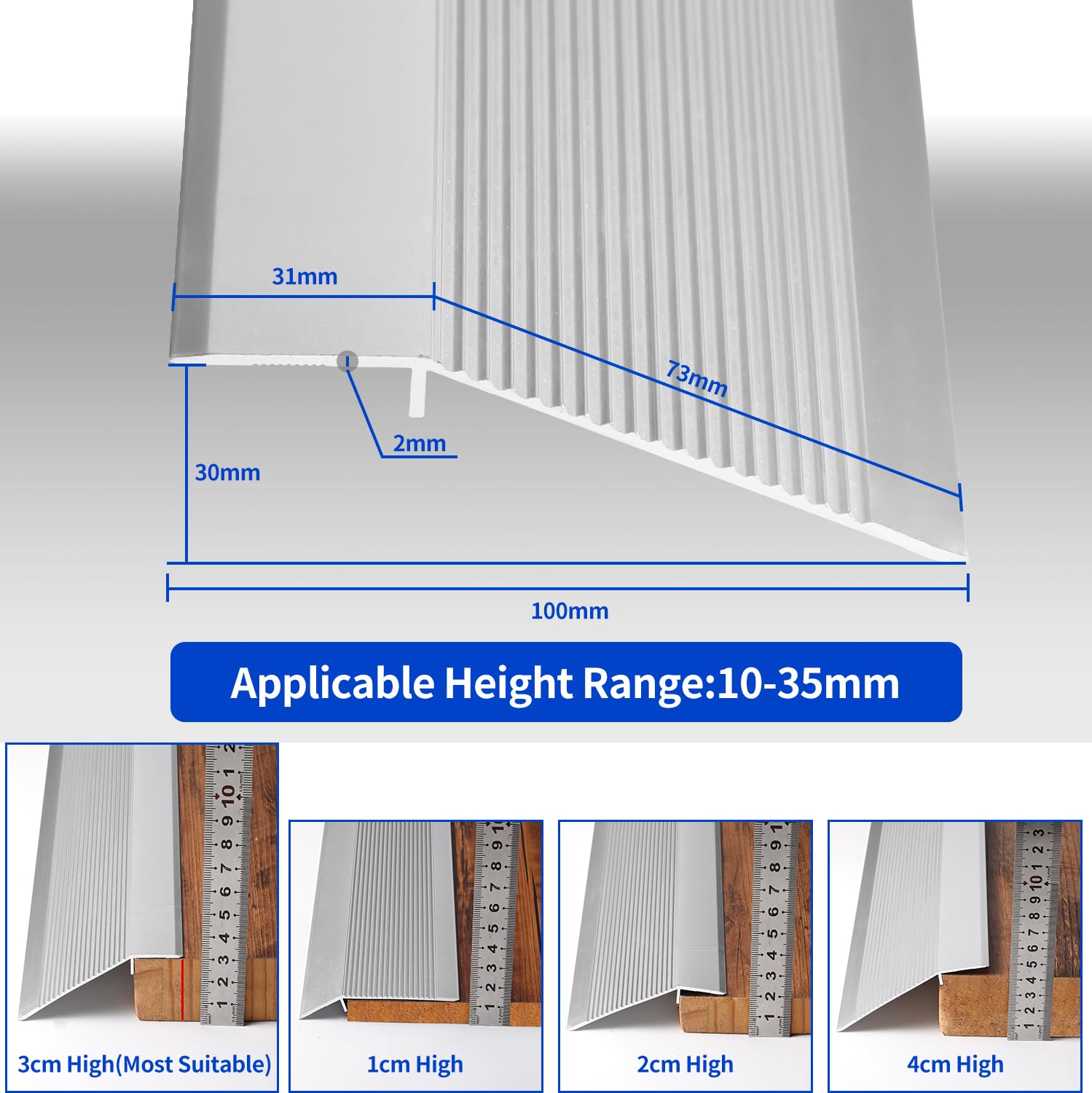2 Pack Aluminum Floor Transition Strip Door Bar,Floor Bar for Doorways Threshold Ramp Tile Laminate Planks,Bridge The Height is around 30mm(Silver,0.9m × 10cm) - Image 2
