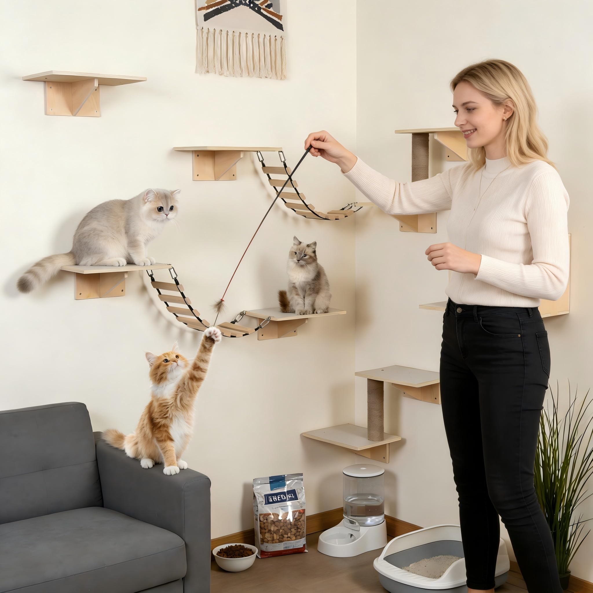 12-teiliges Katzenregal-Set, Wandmontiertes Katzenspielzeug-Set mit Katzenbrücke und Kratzbaum, Großer Wandmontierter Kletterbaum-Aktivitätszentrum für Katzen, Kletterwand für Wohnungskatzen zum Schla