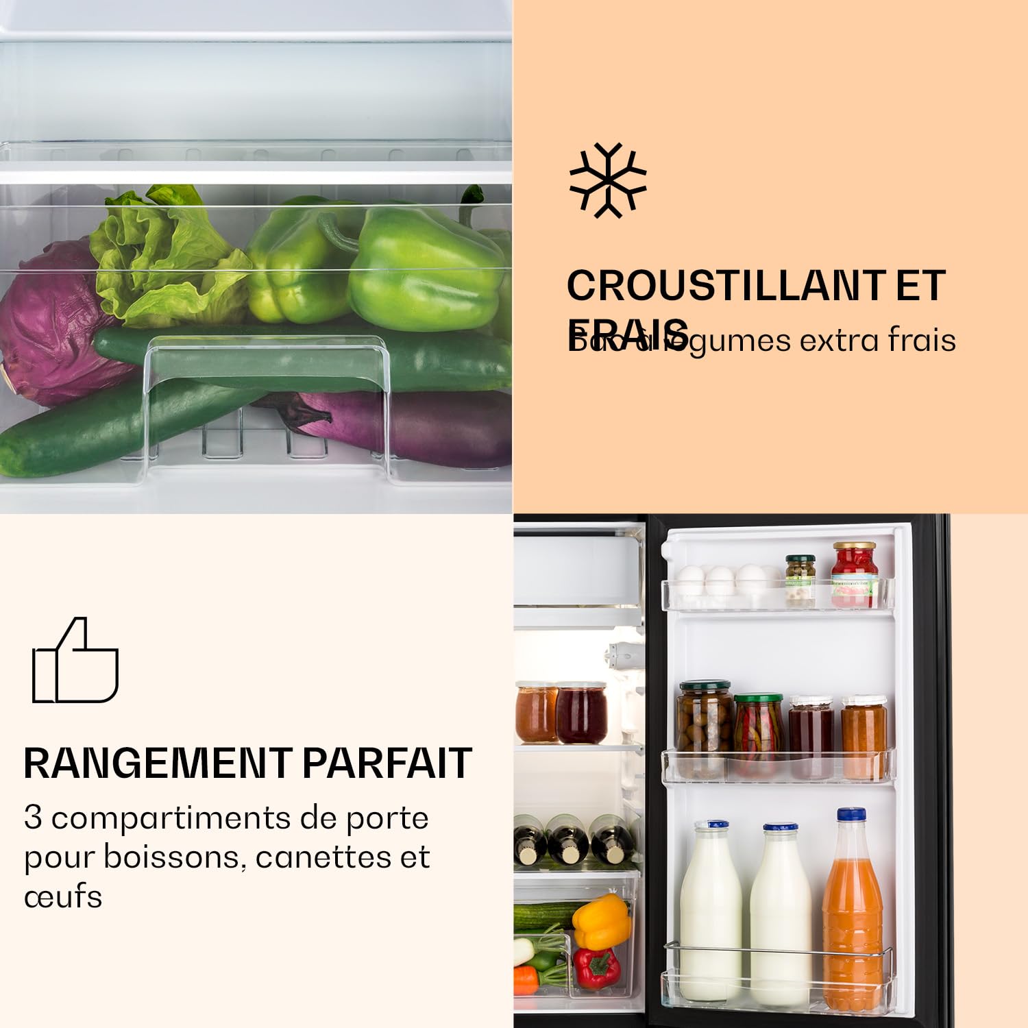 KLARSTEIN Luminance Frost - Réfrigérateur, 91L, 110 kWh/an, 7 niveaux de réglage de la température, Eclairage intérieur, Look moderne, Bac à oeufs, Clayettes verre - Noir