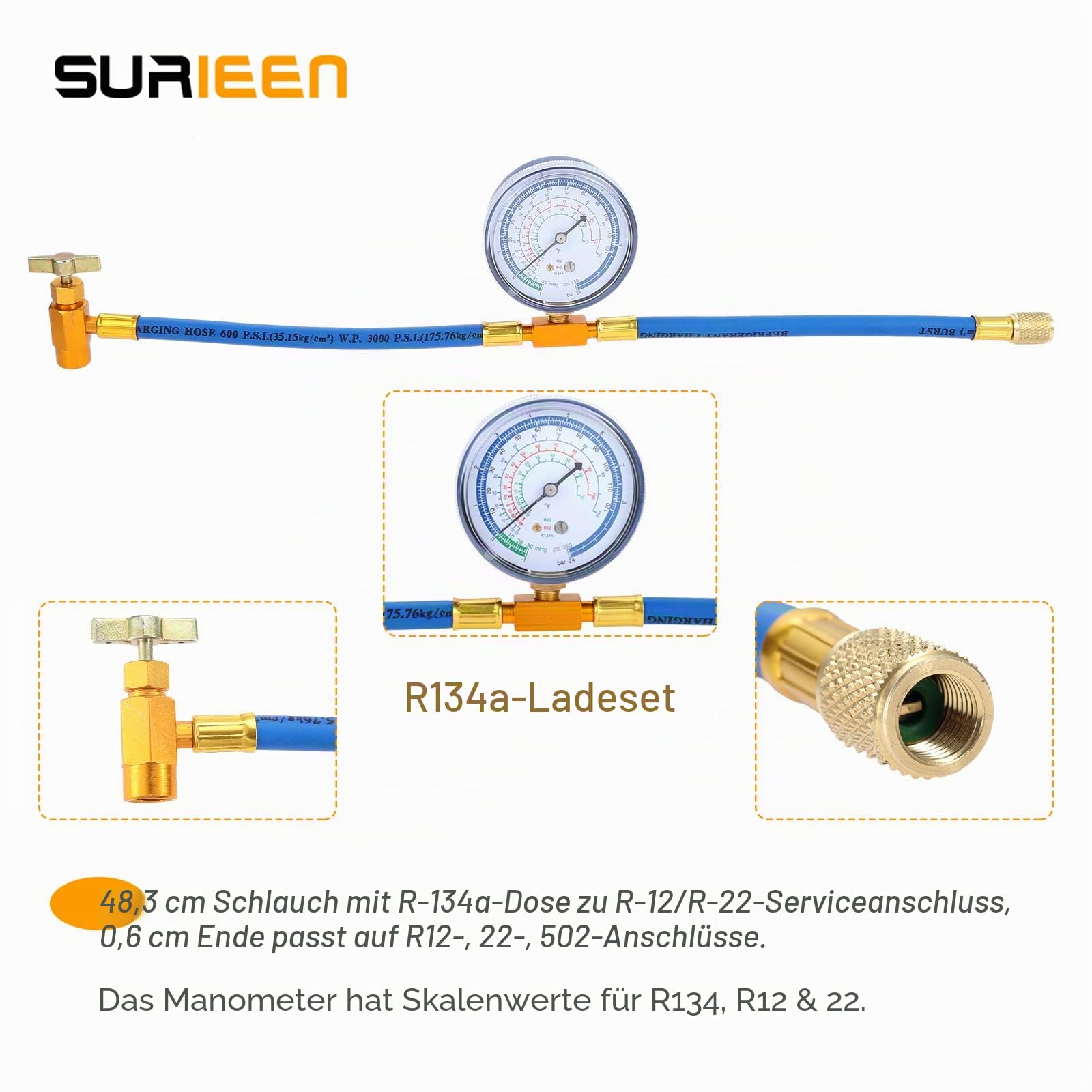 R134A AC Kältemittel Ladeschlauch Ventil Set | Manometer und BPV31 Bullet Piercing Tap Ventil-Set, 1/4 Zoll SAE Schlauch für R12 R22 Port, für Klimaanlage Kältemittelanlage