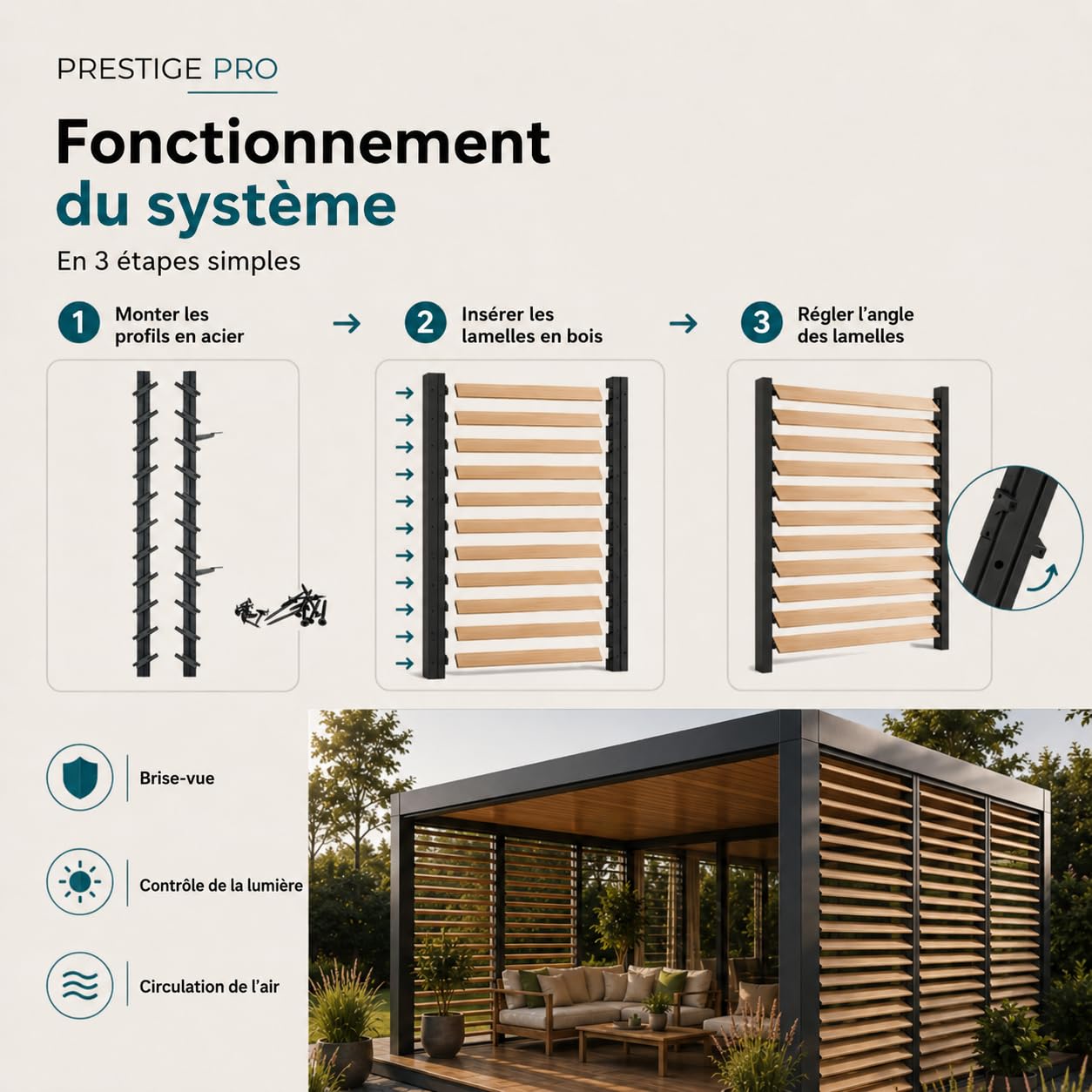 Prestige Ostaszewska ShutterPRO - système de supports en acier galvanisé pour 11 lames orientables | 100 cm | Anthracite | Kit sans lames pour brise-vue de terrasse, pergola et balcon