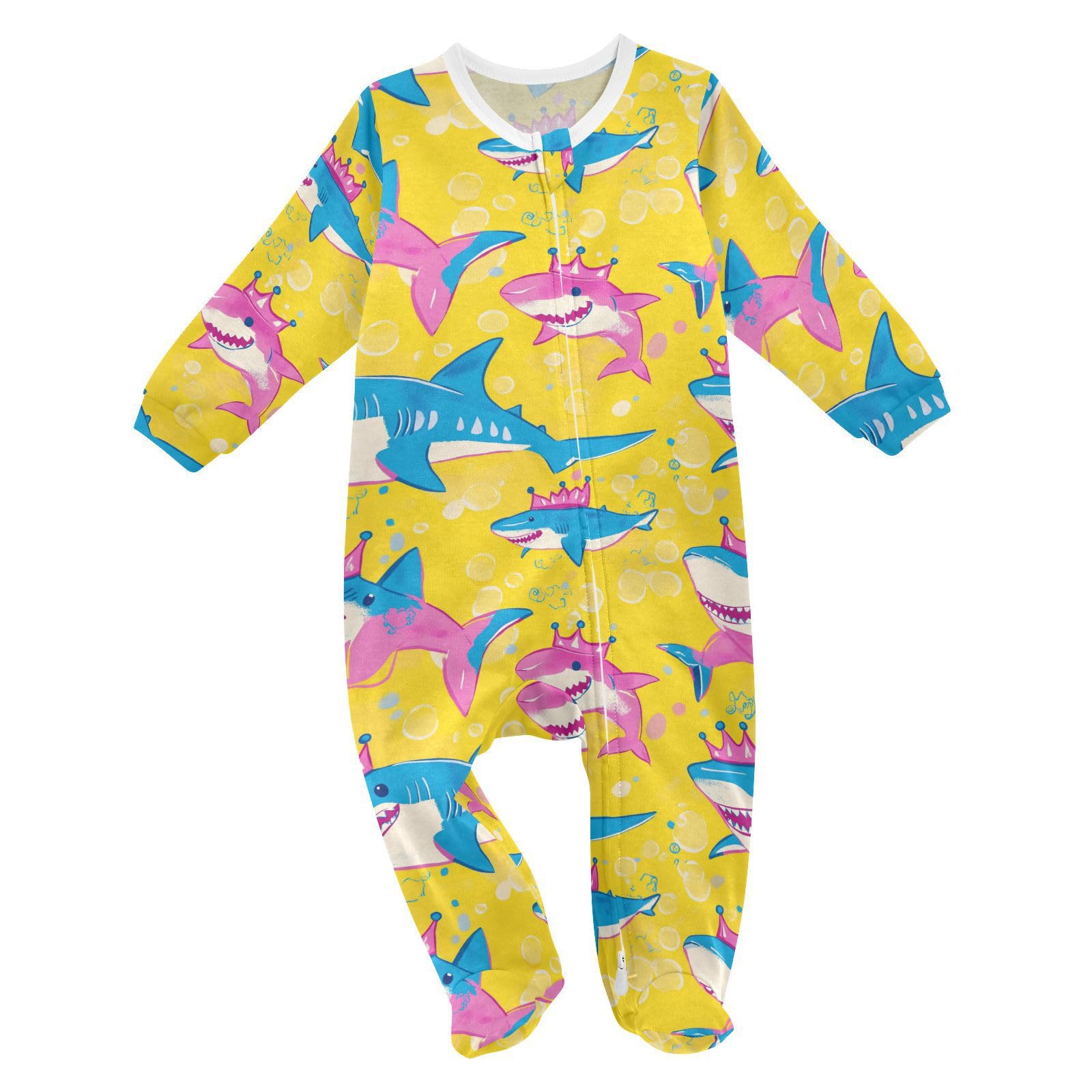 Sharks Wearing Crowns One-Piece Footies Blue Colors Bodysuit Rompers Zipper for Boys Girls 18M