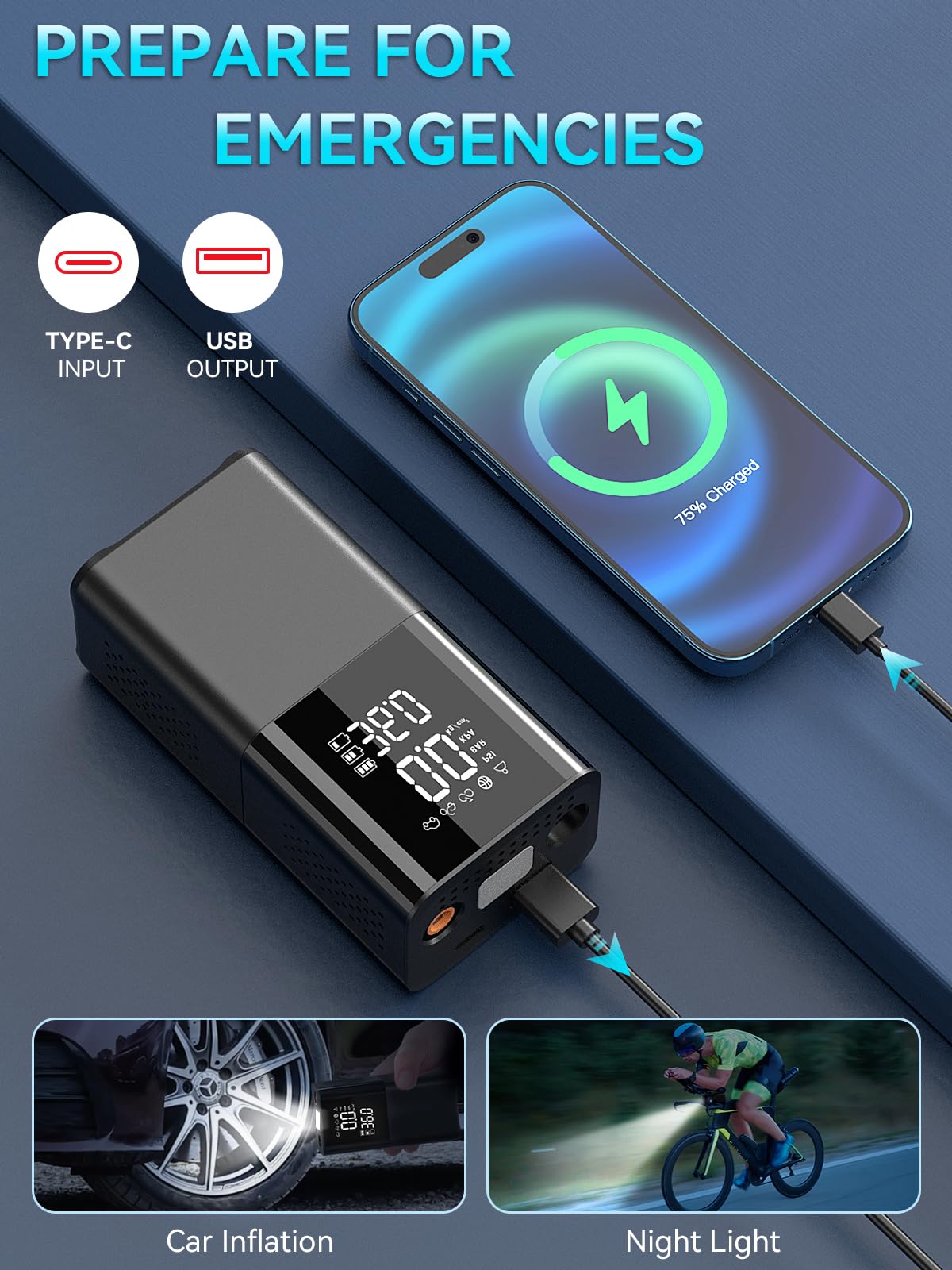 WYRIAZA Compresseur à Air Portatif 150PSI Gonfleur Pneus Voiture 4 Modes Compresseur Voiture sans Fil Mini Compresseur à Air Gonfleur Velo Electrique Portable Noir (PSI, Bar, KPA, KG/CM²)