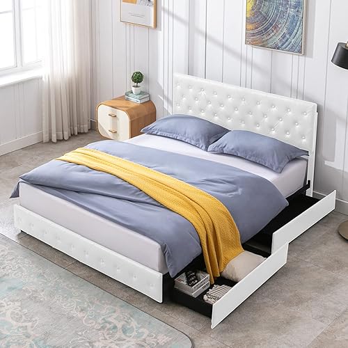 Mjkone Base de cama tapizada de plataforma King con 4 cajones de almacenamiento, marco de cama moderno de piel sintética con cabecera ajustable,