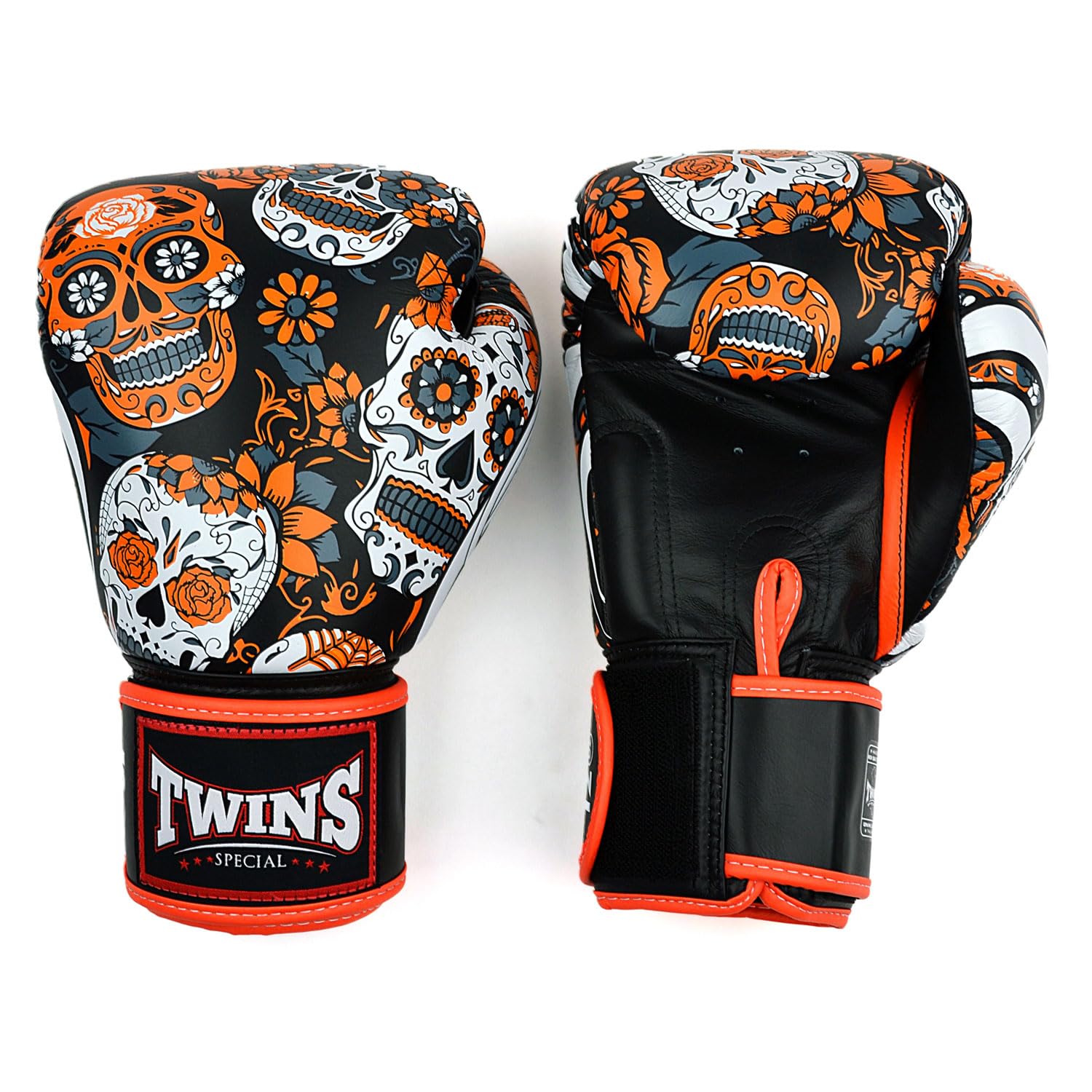 Twins Special FBGVL4 Printed Design Leather Boxing Gloves, Hook & Loop Closure, For Muay Thai, Boxing, Kickboxing & MMA Training & Sparring (Calaveras Orange, 10oz) — image 1