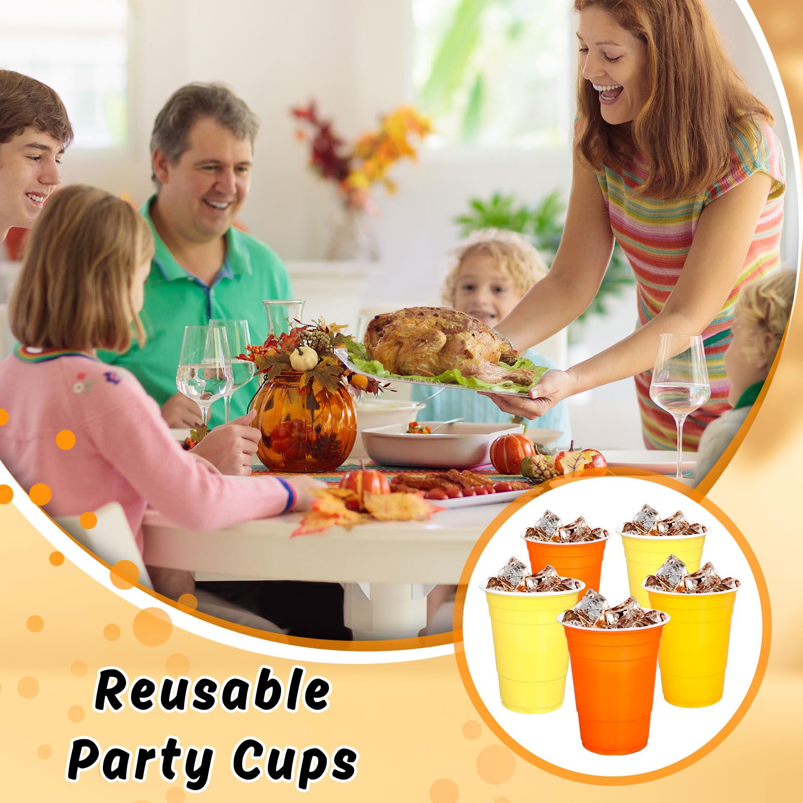 FYSUIMU Einweg-Trinkbecher aus Kunststoff, 473 ml, 3 Herbstfarben, stapelbar, Partybecher für Herbst, Erntedankfest, Partyzubehör, 150 Stück, Orange / Gelb