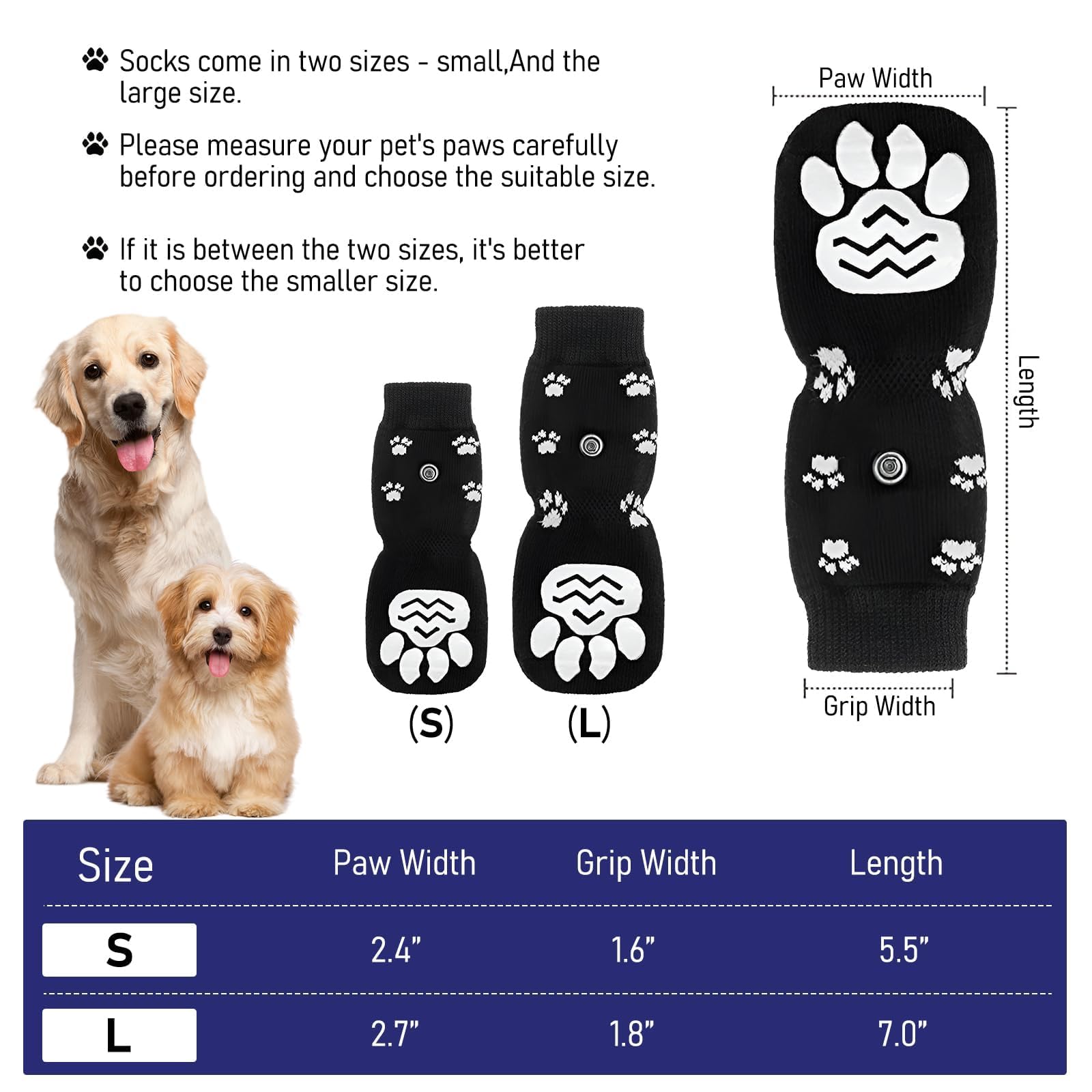 HTRTRR Calzini Antiscivolo per Cani, Set di 4 con Cinturino Regolabile, Parzampe per Cani con Cotone, Taglia S, Nero