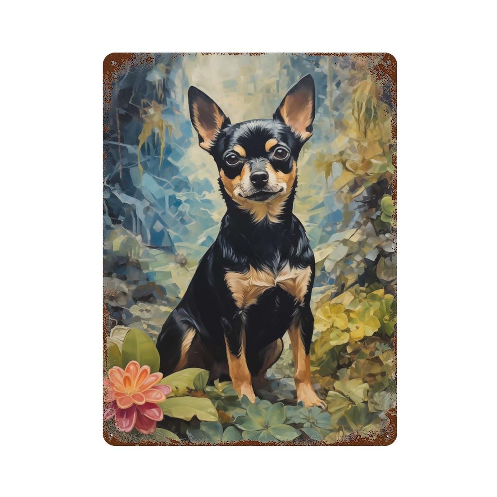 Chihuahua Portrait in Floral Setting Retro Metal Sign 15.7"x11.8", Ideal for Shed, Workshop And Garage Wall Decor