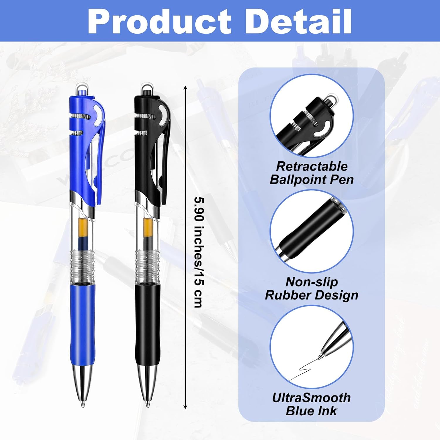 200 Pcs Retractable Ballpoint Pen Bulk Medium Point 1.0mm Smooth Writing Pens with Grip, Blue & Black Ink Gel Pens for Work Journal Writting Office School Supplies - Image 2