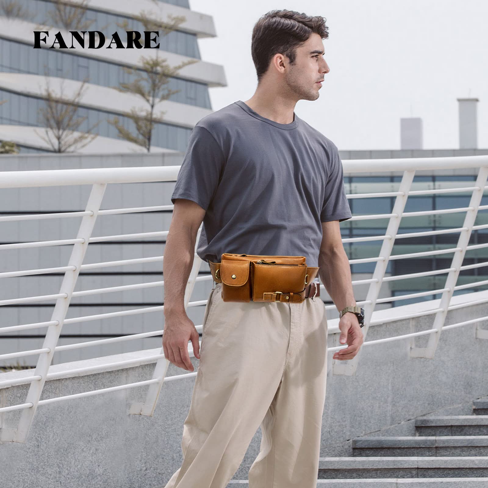 FANDARE Rétro Sac Banane Cuir à la Taille Ceinture de Course Bandoulière pour Sports Travers Voyage Cyclisme Moto Imperméable Marron D