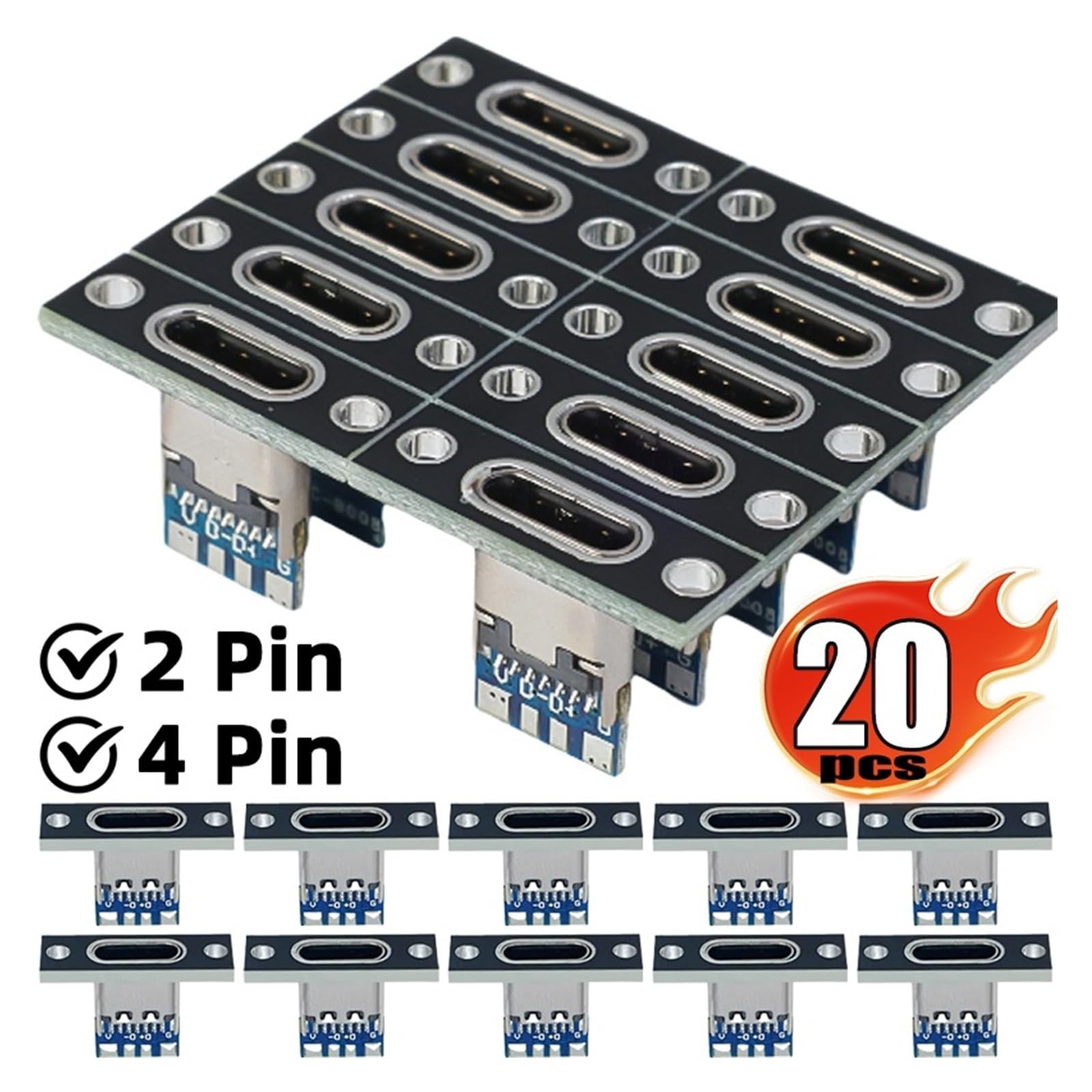 Porta di ricarica USB-C femmina a 2/4 pin con piastra di fissaggio a vite, 5/20 pezzi | 3 piastre, 15 pezzi, 2 pin