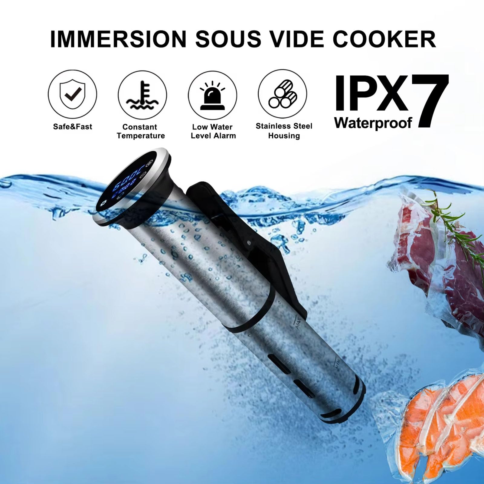 Cocina Sous Vide, Máquinas Sous Vide 1200W, Cocina Suvee Circuladora de Inmersión con Control Preciso de Temperatura y Tiempo, Abrazadera Ajustable, Pantalla Digital, IPX7 Resistente al Agua