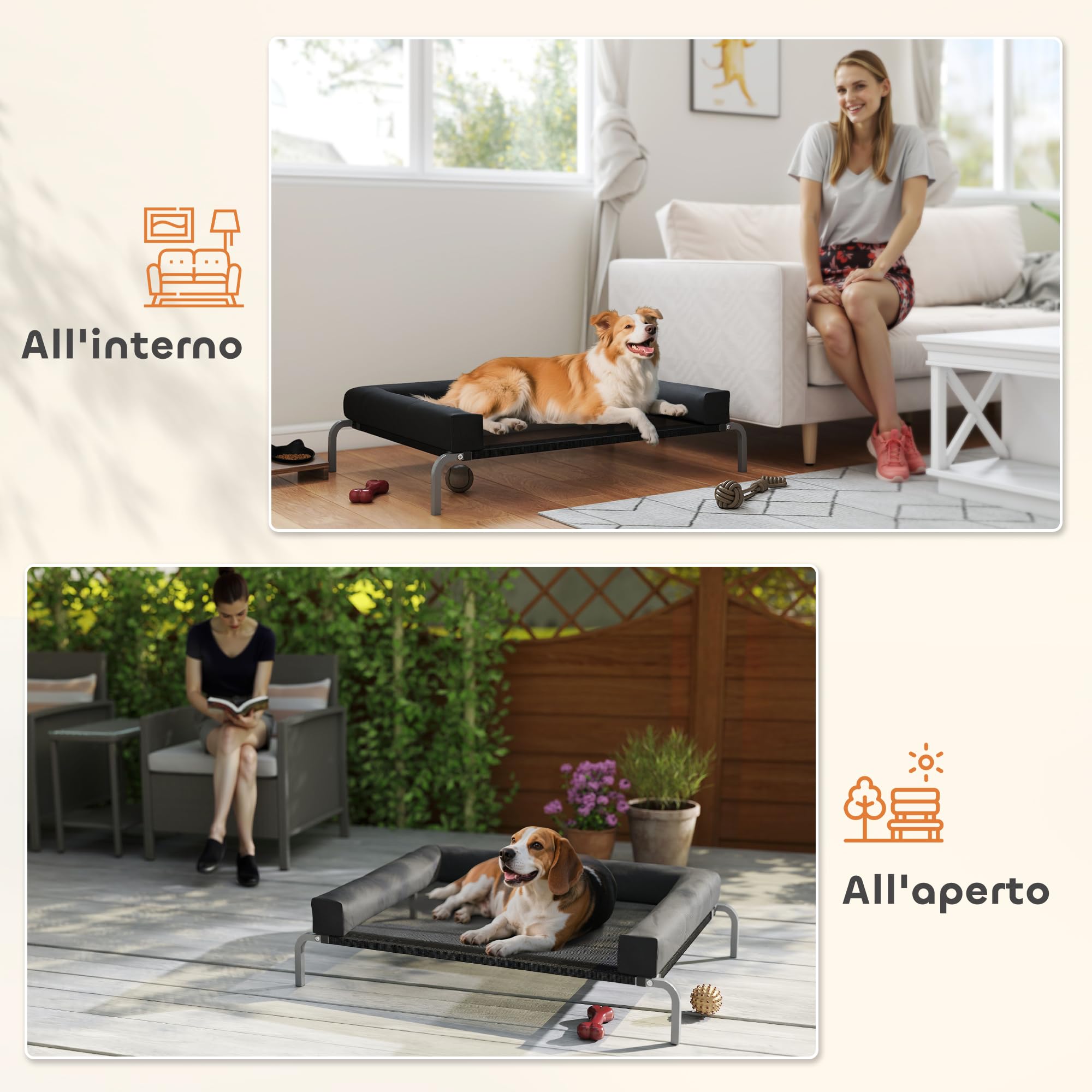 PawHut Brandina per Cani di 19.5 cm con Cuscino Lavabile a U, Lettino per Cani Rialzato in Tessuto Oxford, Texteline e Acciaio, Letto per Gatti da Interno, 110x75x30 cm, Nero e Argento
