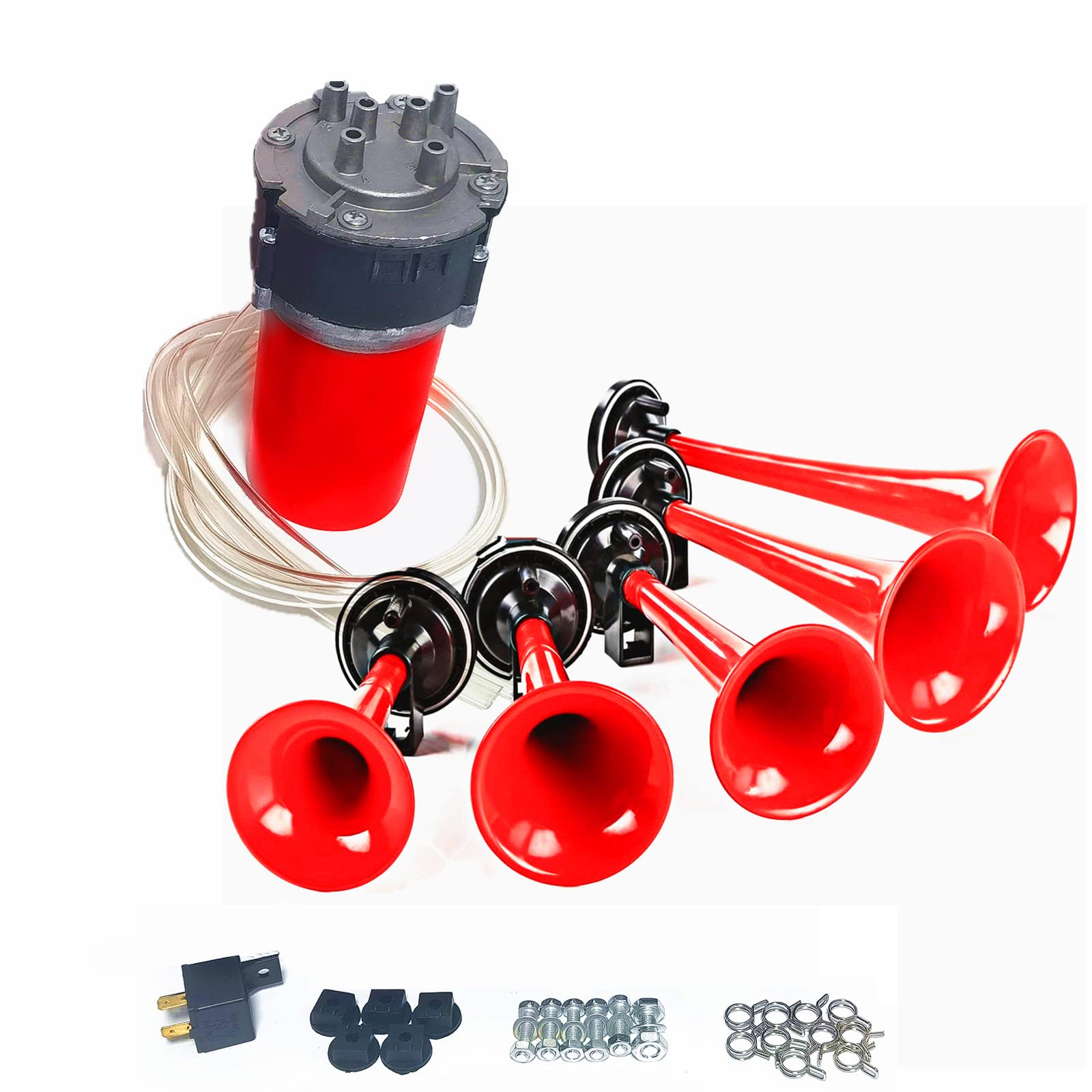 Clacson per auto Clacson Car Horn 12V Clacson per nave Tromba a cinque tubi Dixie 160db Tromba d'aria rossa Tromba per camion con altoparlante della pompa dell'aria per 12V auto camion SUV ecc