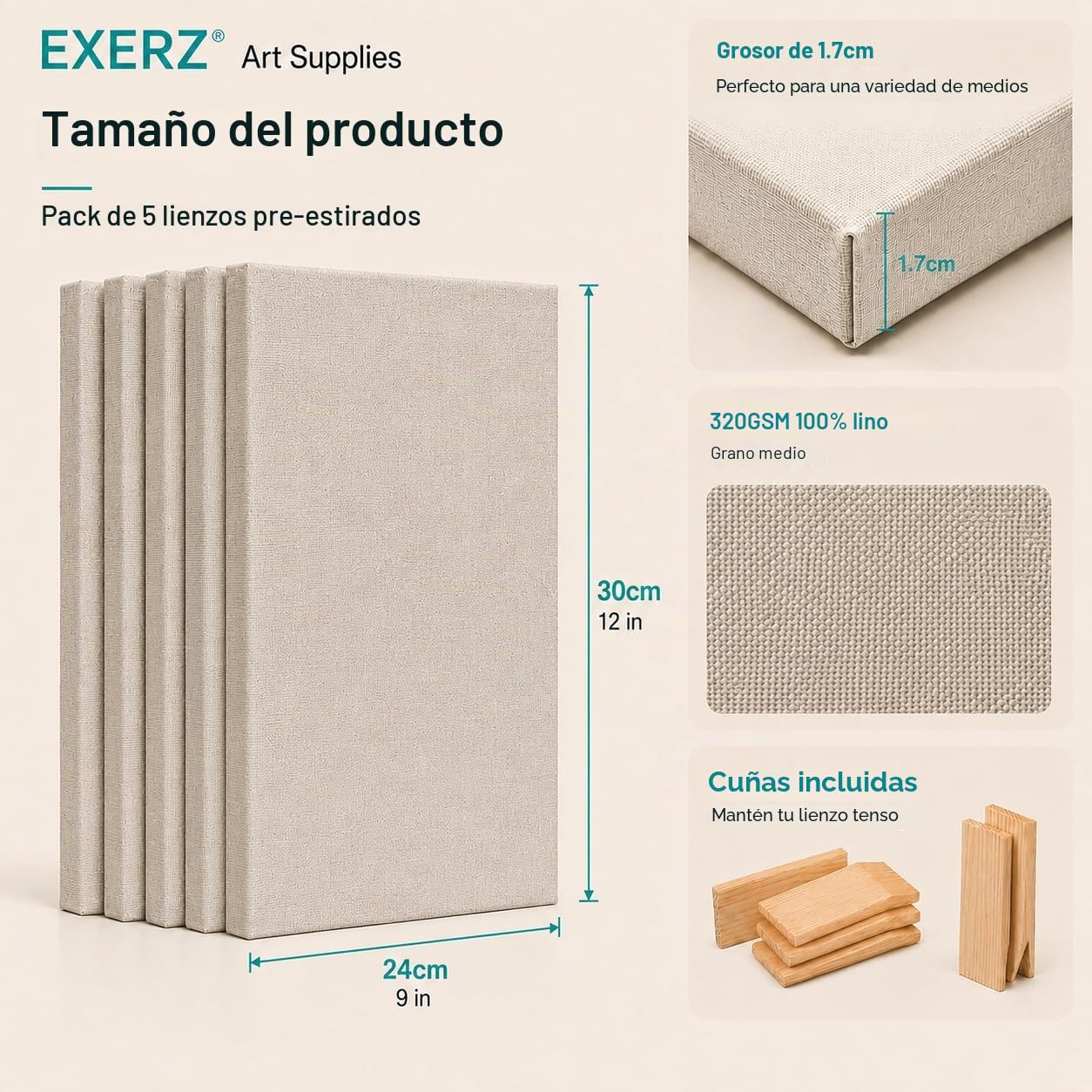 Exerz Tela di Lino 24x30cm 5 Pezzi, Tele Intelaiate 1,7cm, 320g/m², 100% Lino, Triplo Primer, Senza Acidi, Grana Media, per Acrilico e Olio