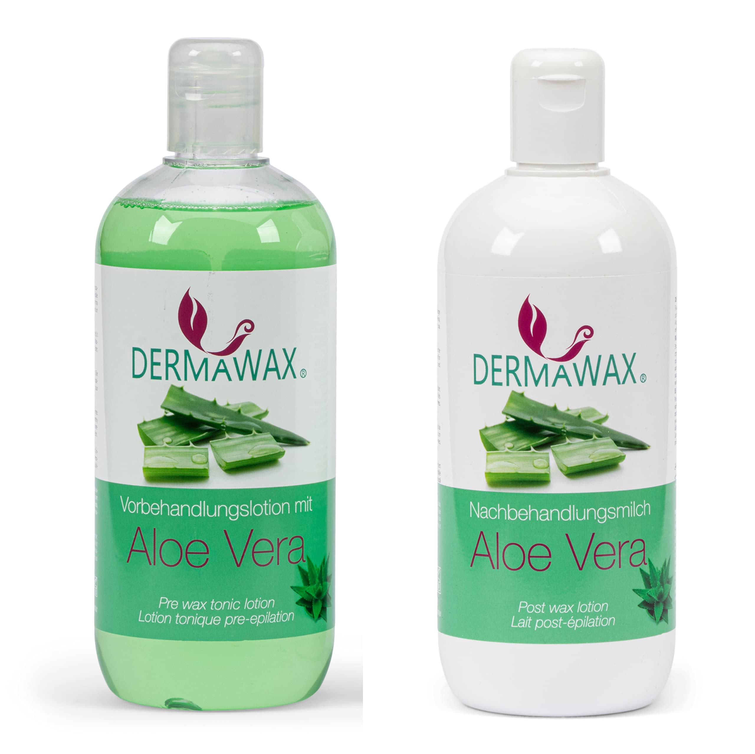 Épilation à la cire pré et post-traitement. Lotion de prétraitement à l'aloe vera et lait de post-traitement à l'aloès vera