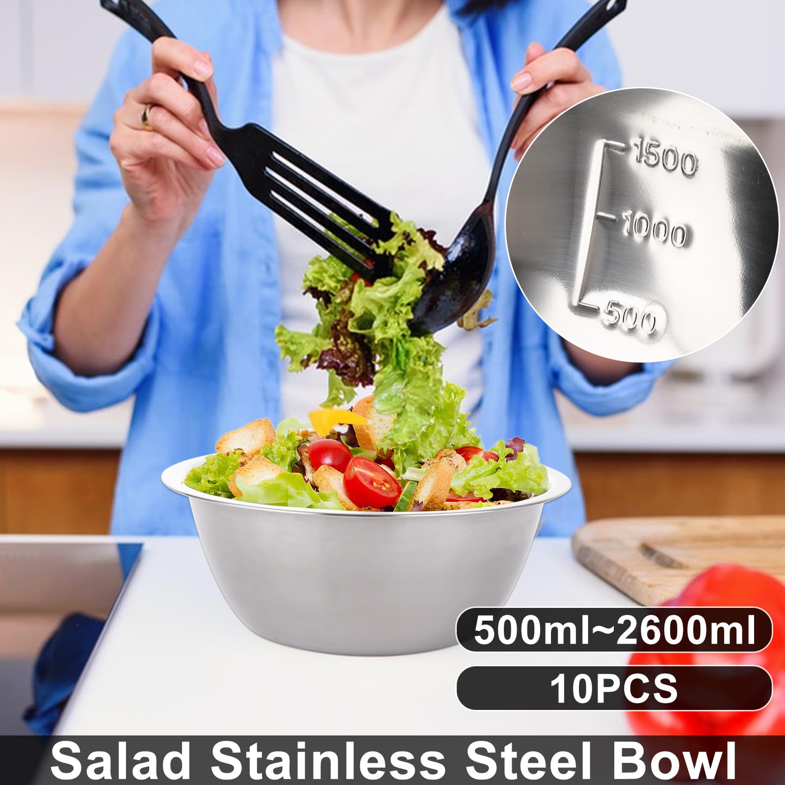 5 cuencos de acero inoxidable para hornear, cuencos de metal con marcado de medición, juego de cuencos para mezclar para cocina, preparación, apto para lavavajillas (0,58 L, 0,9 L, 1,6 L, 2,05