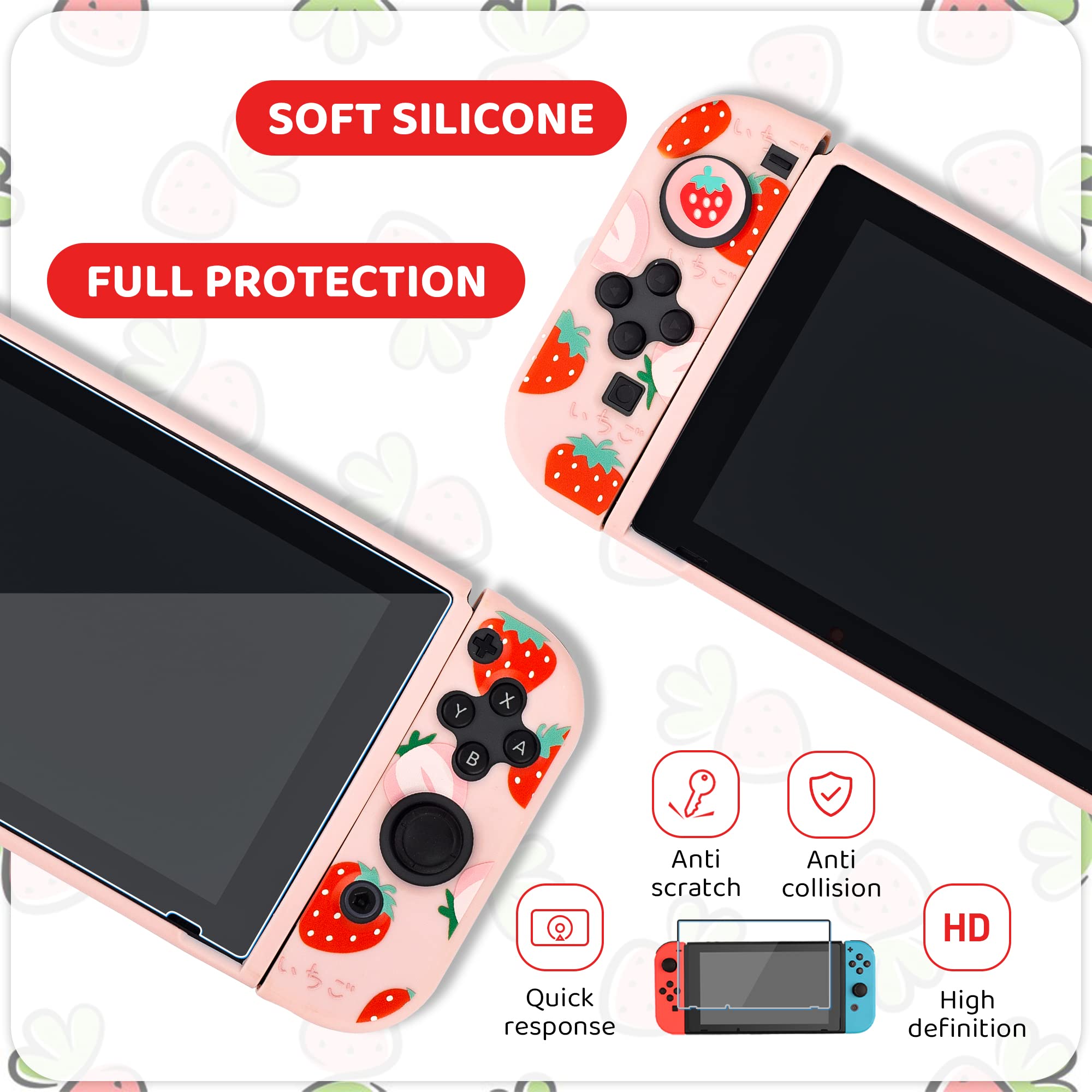 RHOTALL Erdbeer-Tragetasche für Nintendo Switch, harte Reisetasche mit Schutzhülle, Schultergurt, Spielkartenetui, Displayschutzfolie, 2 Daumenkappen