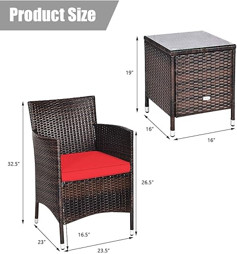 Miniatura 2 de COSTWAY Muebles de mimbre al aire libre de la rota de 3 PCS PE fija sillas mesa de centro jardín rojo