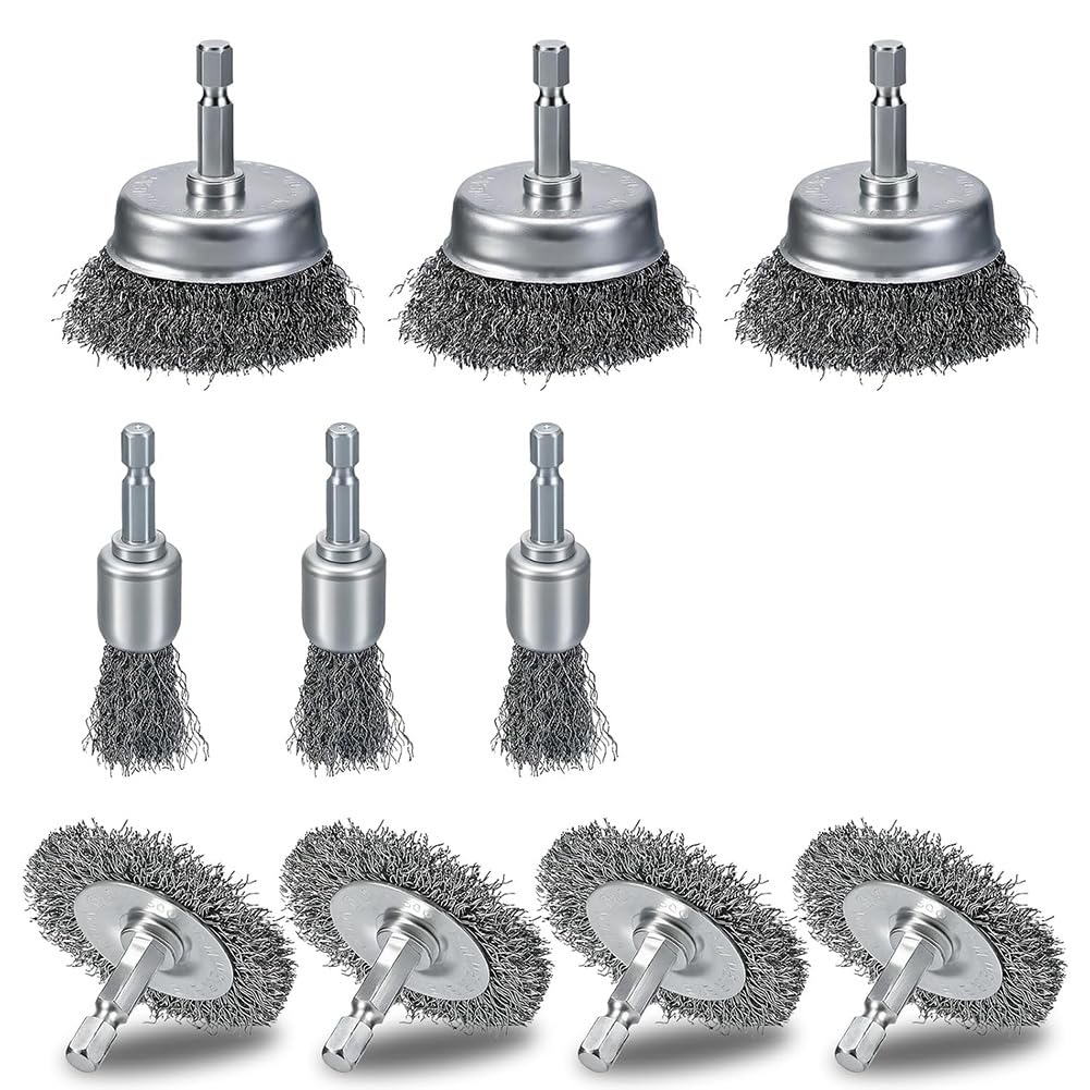 Pomoflexi 10 Pcs Drill Wire Brushes Coarse Carbon Steel Crimping Wire Wheel Cup Brushes 1/4 Inch Hex Shank Rust Cleaning, Stripping & Abrasive Applications Suitable for