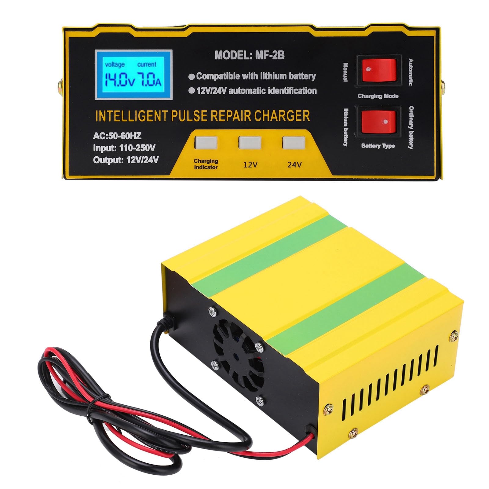 Caricabatterie, Caricabatteria per Auto e Moto da 180 W 12 V 24 V, Guscio in Acciaio Inossidabile Ignifugo Antisismico, con Ventola di Raffreddamento a Temperatura Controllata a (Spina
