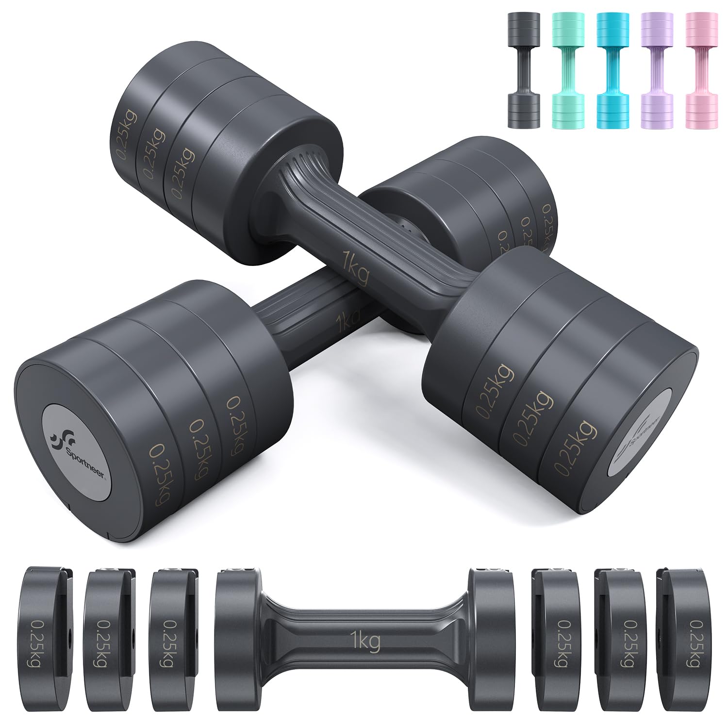 Sponsored Ad - Sportneer Dumbbells Set Adjustable, Each 1kg/1.5kg/2kg/2.5kg, 4-in-1 Set Hand Weights Fast Adjust Dumbbell for Women Men Home Gym Workout Strength Training