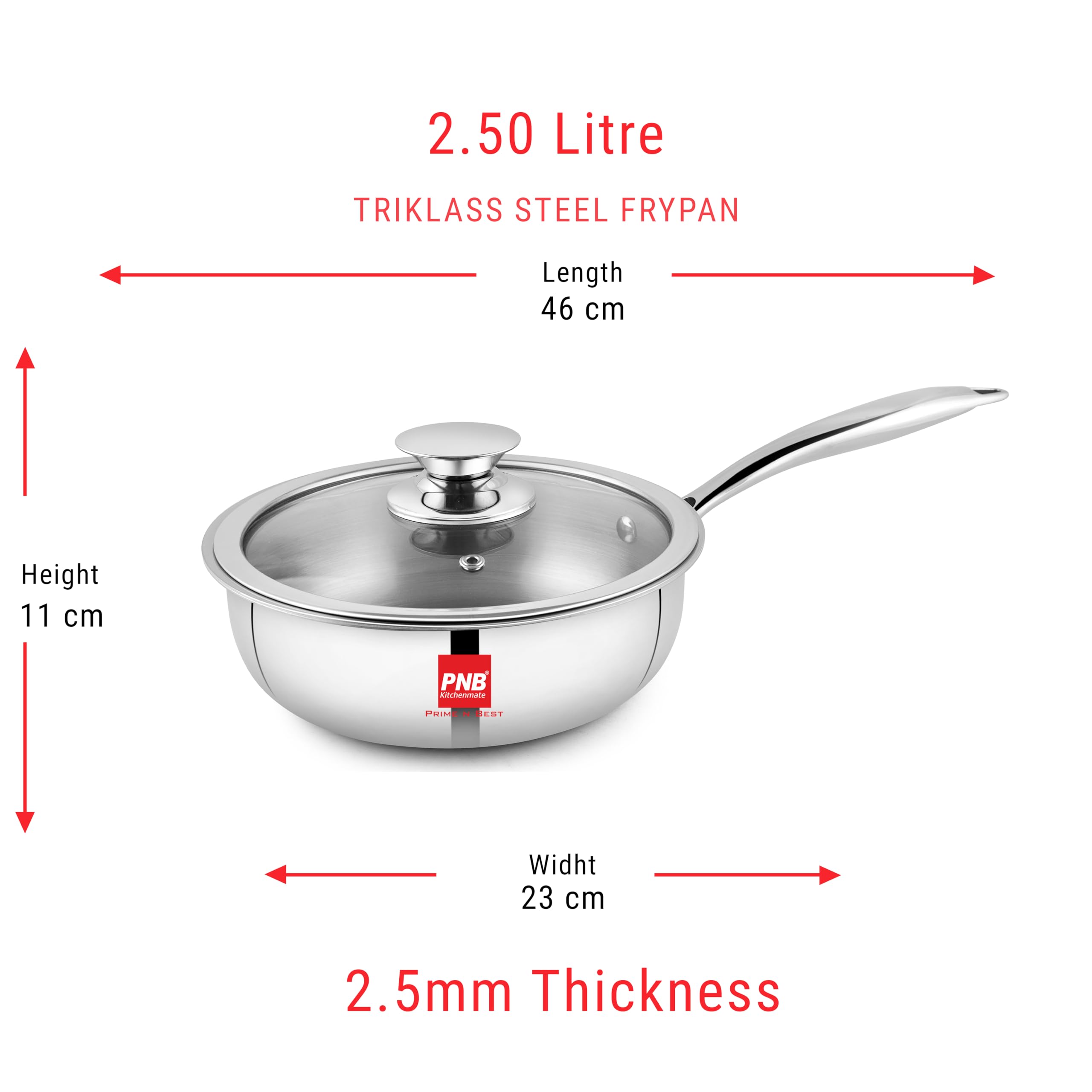 PNB Triply Stainless Steel Frypan with Tempered Glass Lid | 23 cm 2.5 Litre | 3-Ply Induction Gas Compatible | PFOA Free Healthy Cookware | 5 Year Warranty | Family Frying Pan for 3-4 Persons — Amazon image 2
