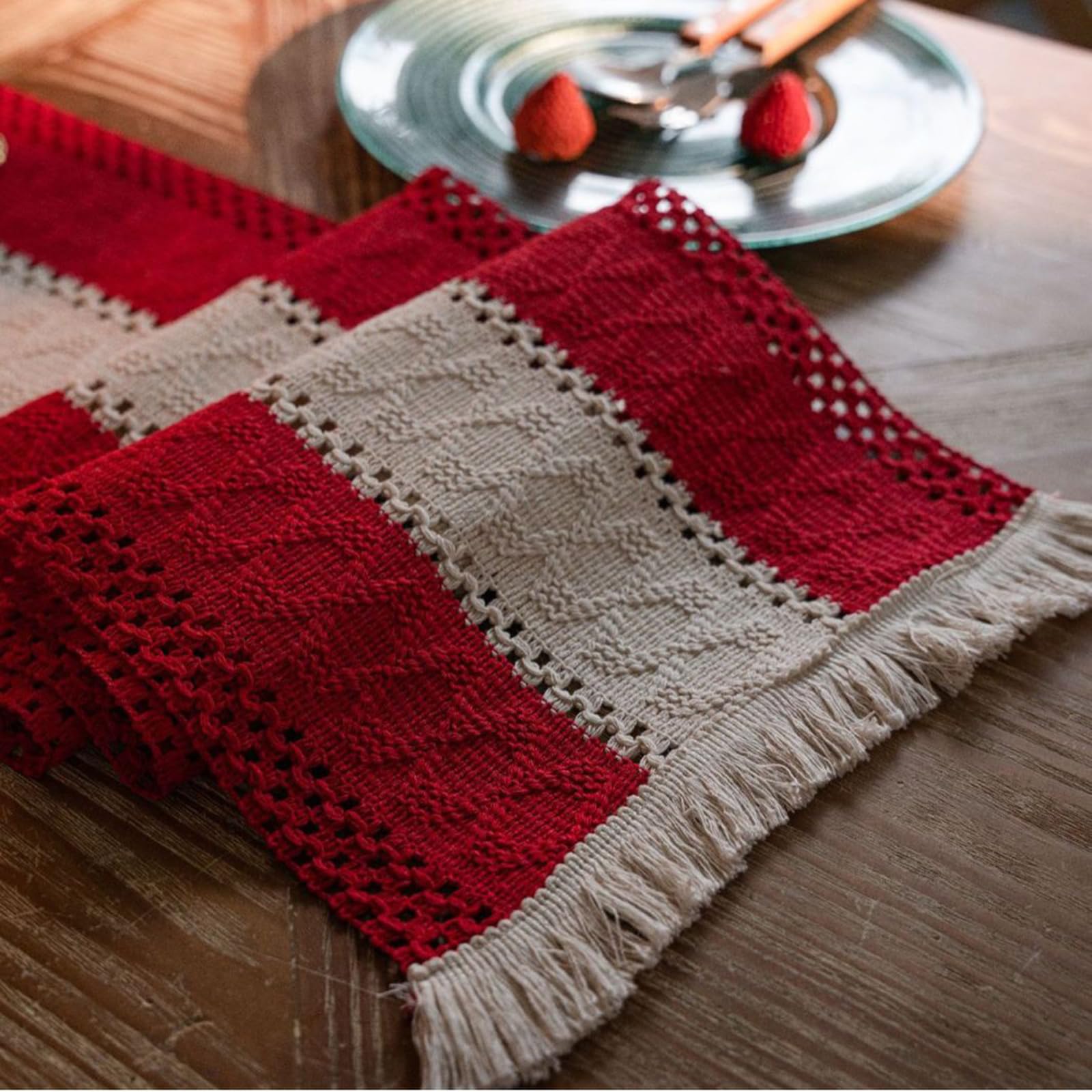 Rustykalny bieżnik z frędzlami, ręcznie tkana bawełna i len Dekoracja stołu wiejskiego Bieżnik na przyjęcie świąteczne, dekoracje w stylu vintage Boho czerwone po obu stronach 30*400 /83