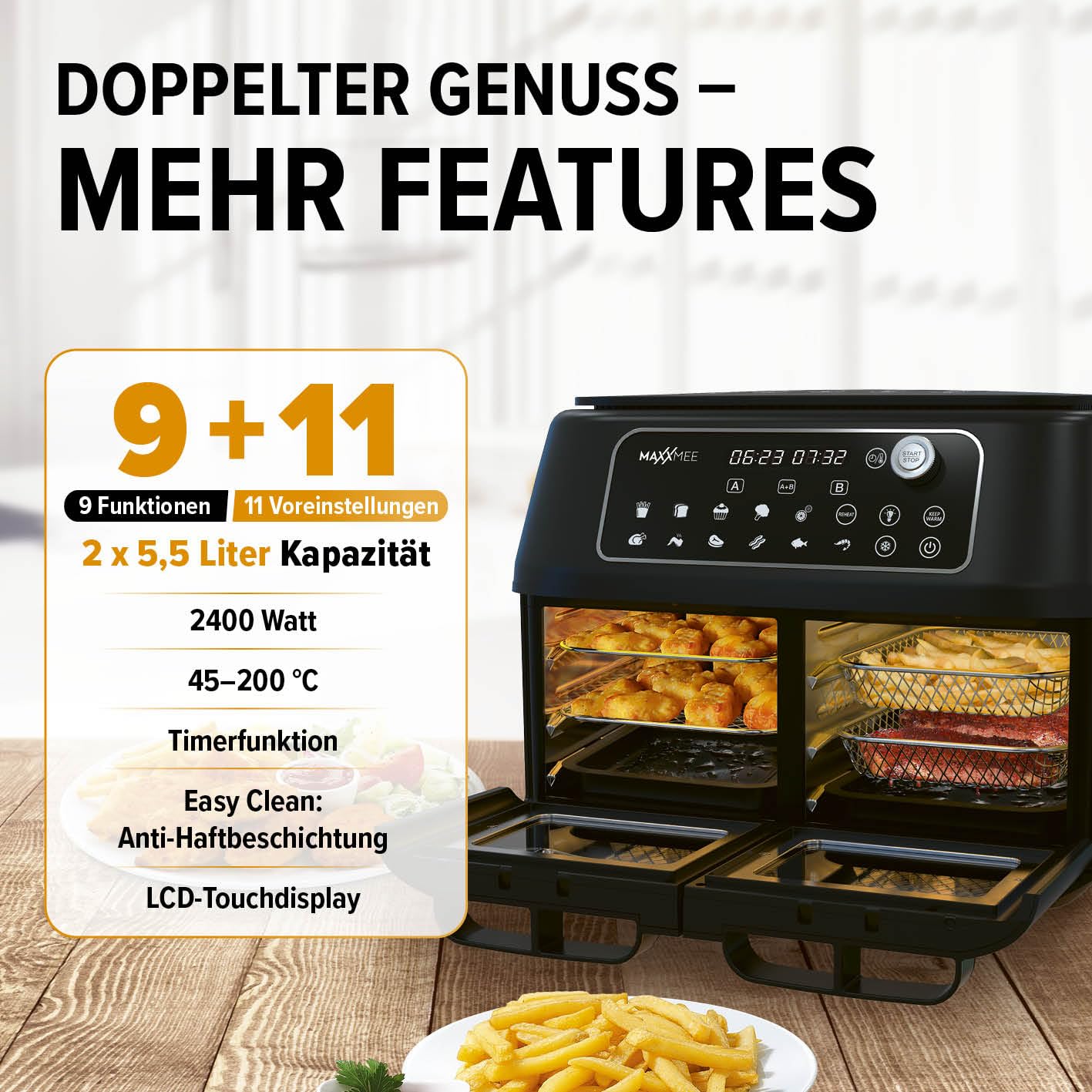 MAXXMEE Heißluft-Fritteuse Doppelkammer 11 Liter | Clevere Kombination aus Heißluftofen, Grill & Fritteuse mit 2 XXL-Frittierfächern mit je 5,5 Litern | Digitales Bedienfeld und Sichtfenster