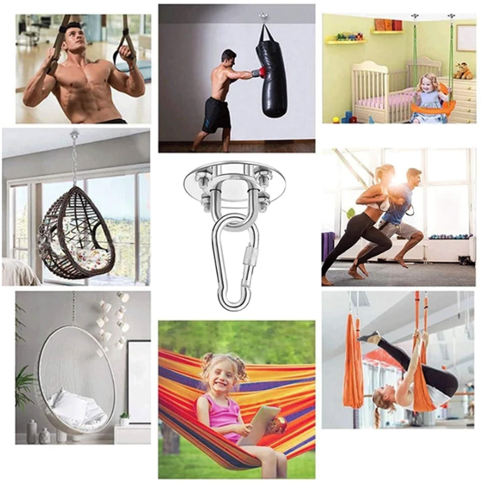 esmen Kit de herrajes for Colgar Columpios con 3 Ganchos, mosquetones y Tornillos for Yoga, hamacas gimnasios Interior