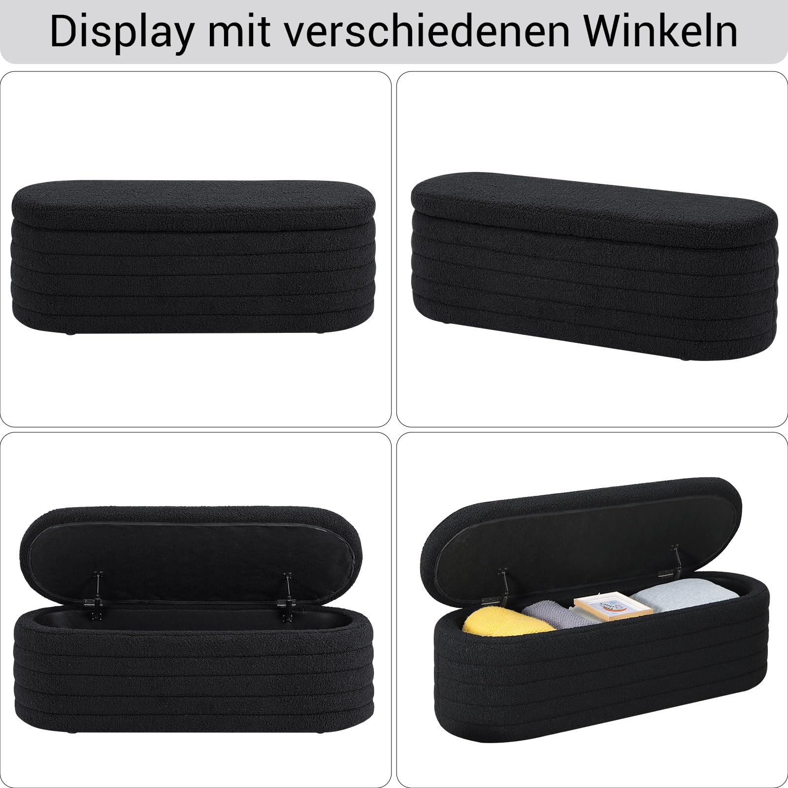 Sitzhocker mit Stauraum, Teddystoff Bank mit Stauraum，Moderner Sitzbank Schlafzimmer, Polsterbank für Wohnzimmer, Flur (Schwarz 117x41,5x40 cm)